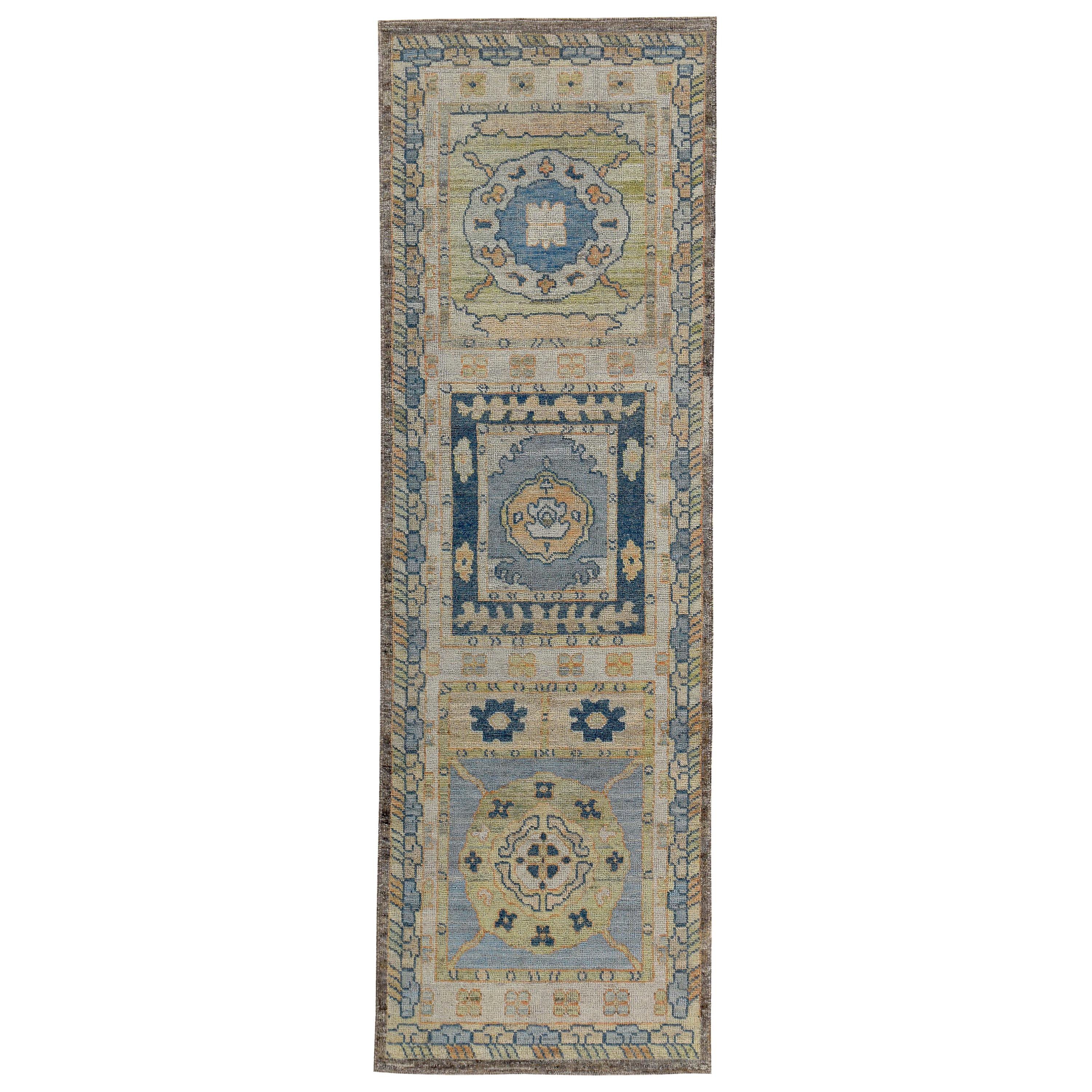 Turkish Oushak Runner Rug with Blue and Orange Floral Patterns on Beige Field