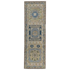 Turkish Oushak Runner Rug with Blue and Orange Floral Patterns on Beige Field