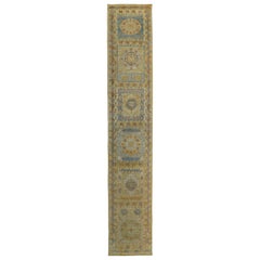 Turkish Oushak Runner Rug with Blue and Orange Floral Patterns on Brown Field