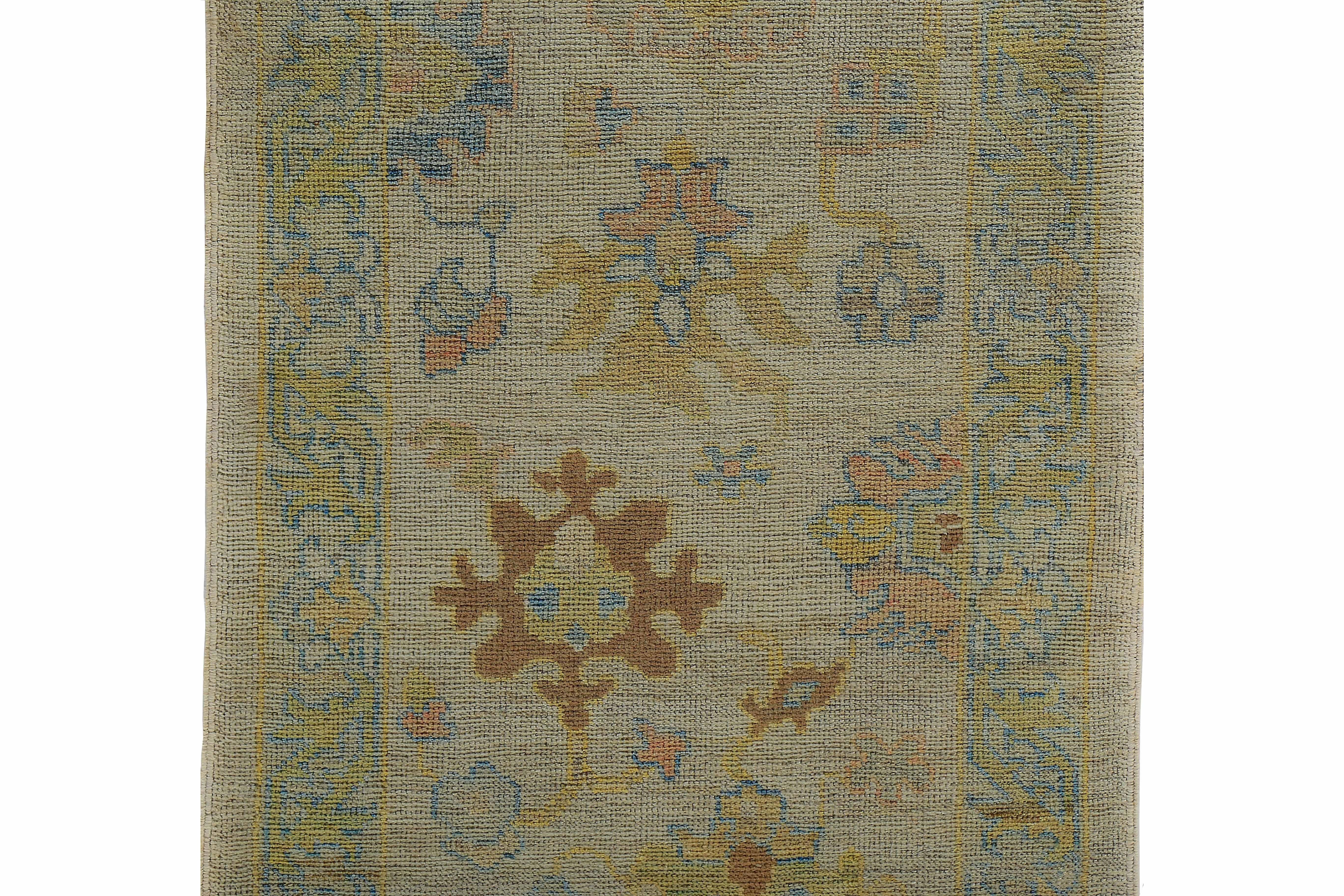 Hand-Woven Turkish Oushak Runner Rug with Blue and Brown Floral Details on Ivory Field For Sale