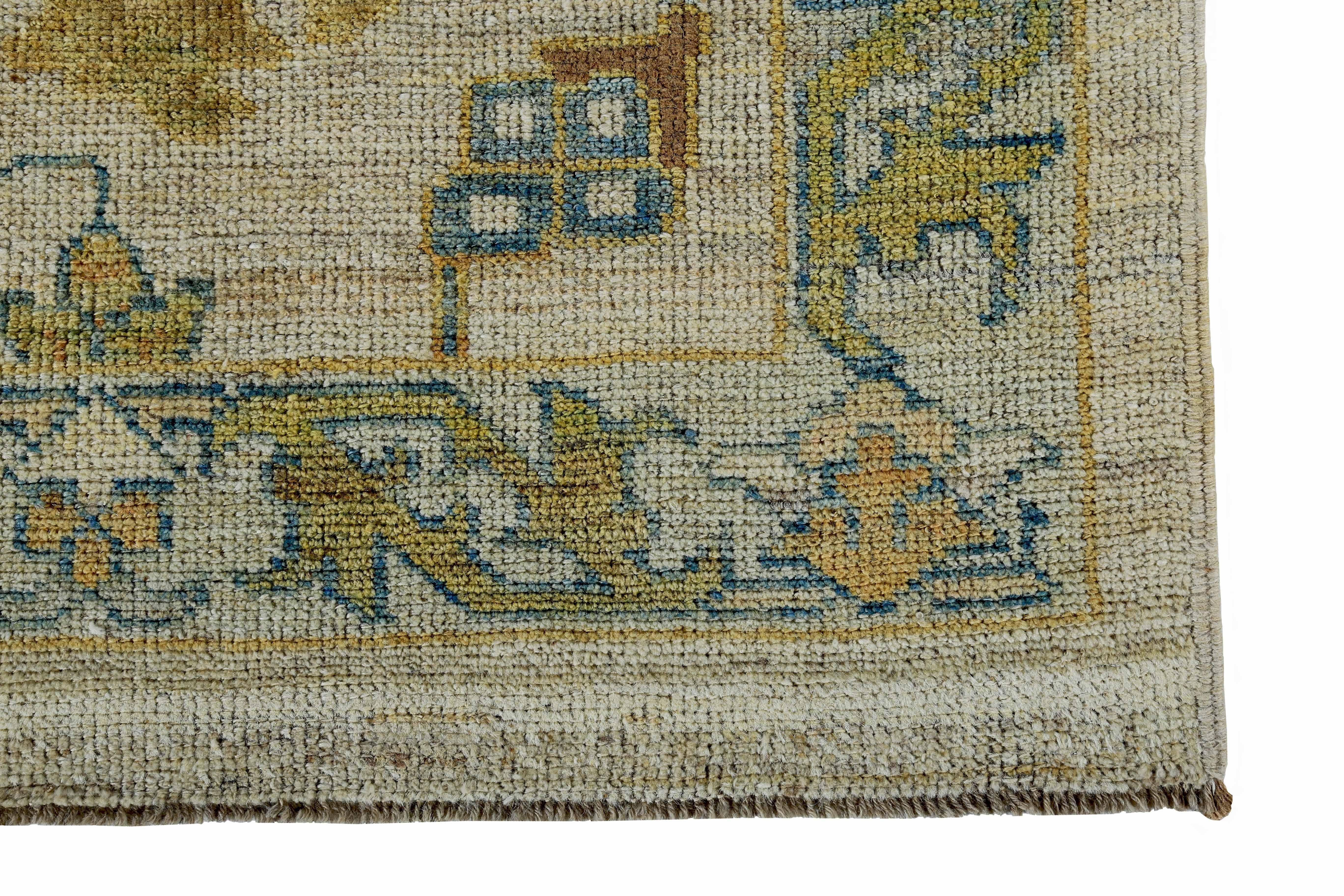 Turkish Oushak Runner Rug with Blue and Brown Floral Details on Ivory Field In New Condition For Sale In Dallas, TX
