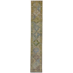 Turkish Oushak Runner Rug with Blue Floral Patterns on Brown and Green Field