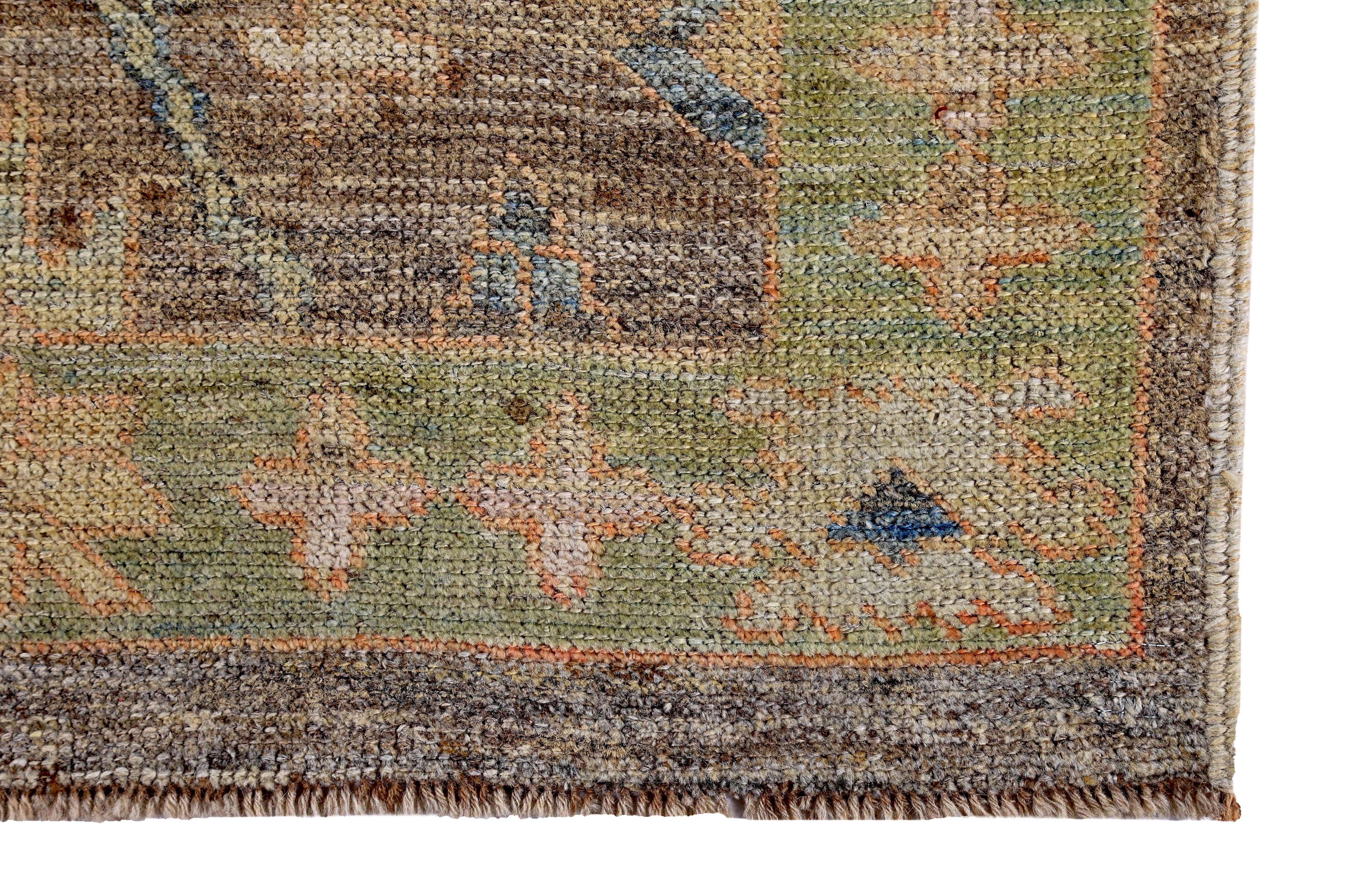 Turkish Oushak Runner Rug with Blue Floral Patterns on Brown and Green Field In New Condition For Sale In Dallas, TX