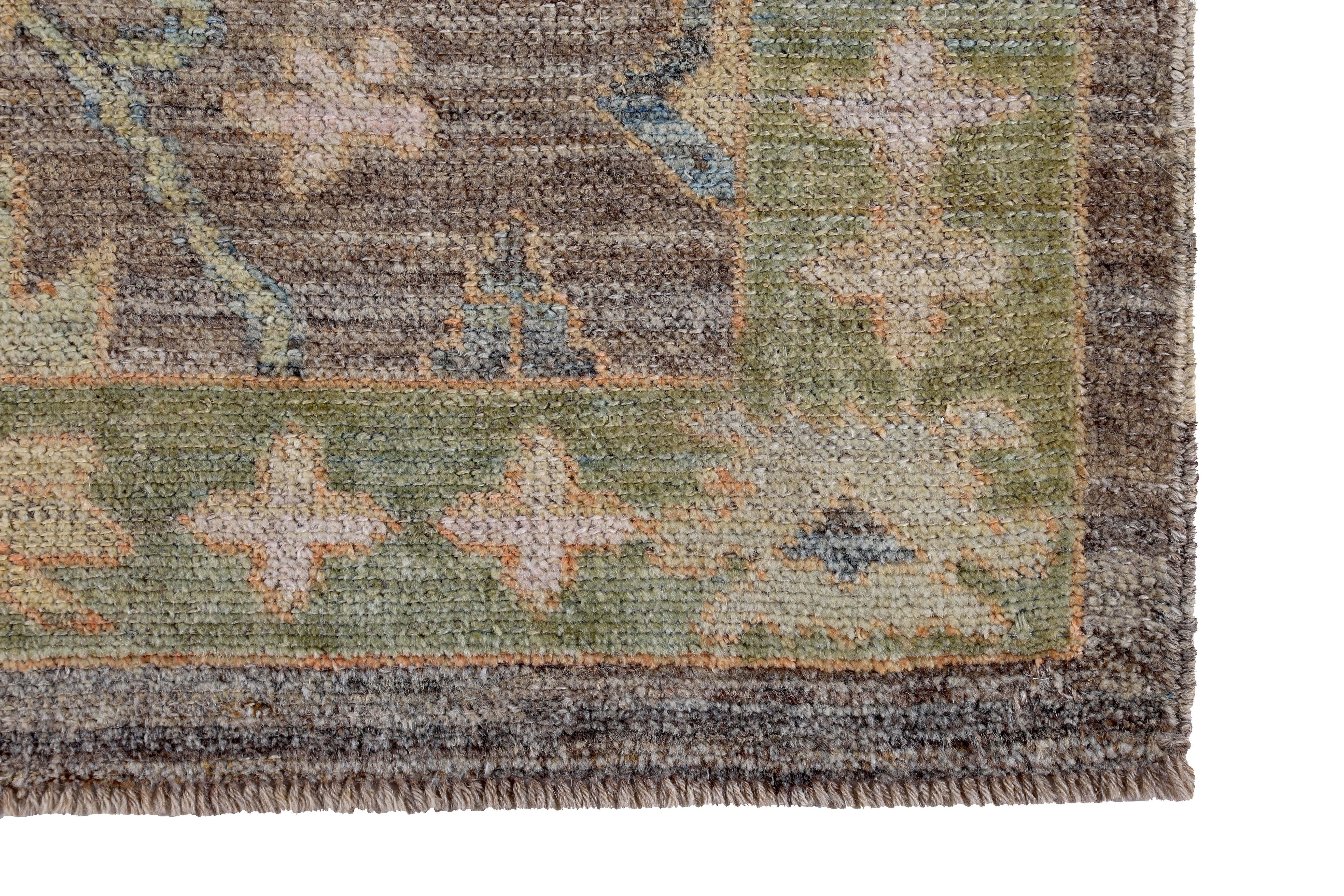 Turkish Oushak Runner Rug with Blue Floral Patterns on Brown and Green Field In New Condition For Sale In Dallas, TX