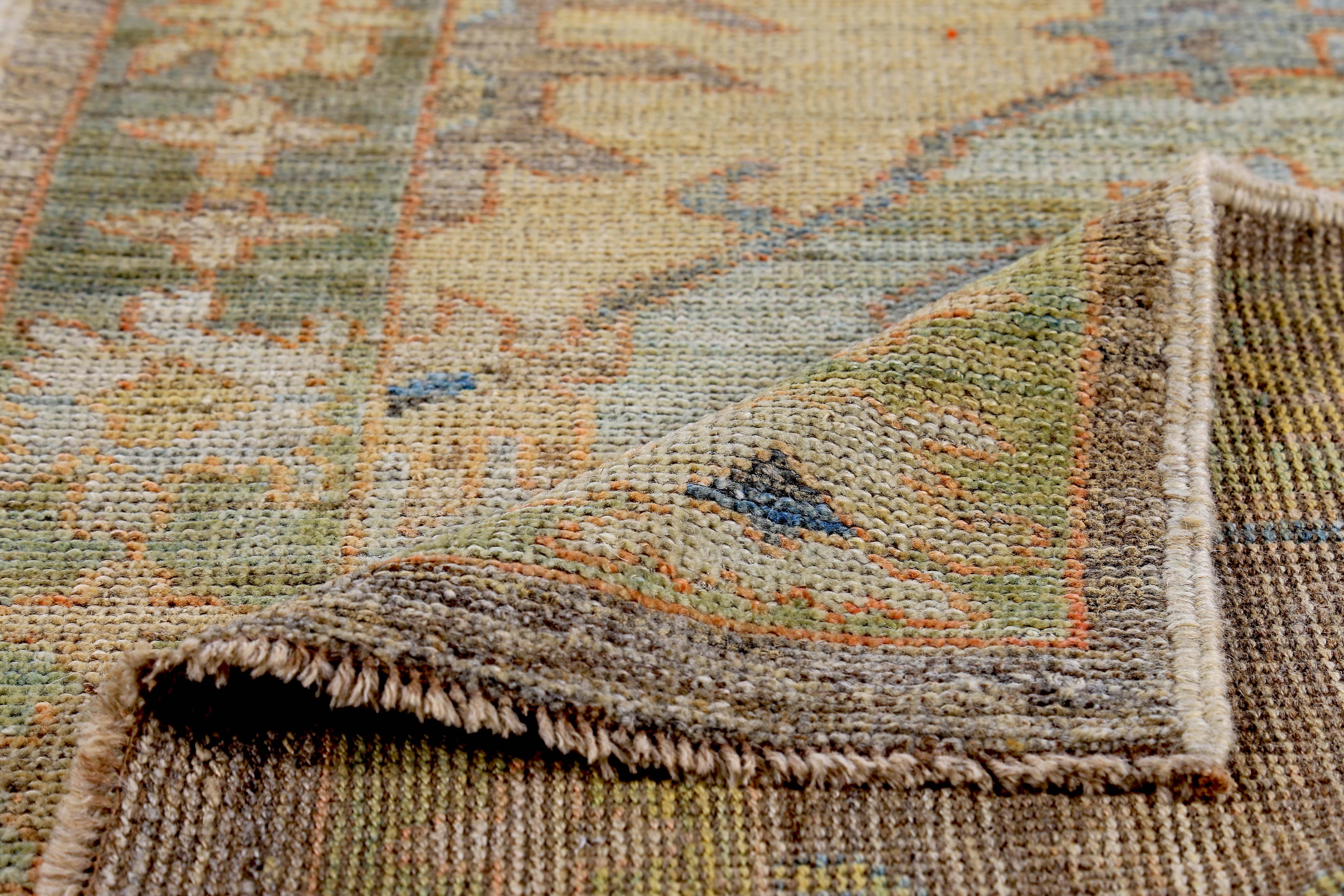 Contemporary Turkish Oushak Runner Rug with Blue Floral Patterns on Brown and Green Field For Sale