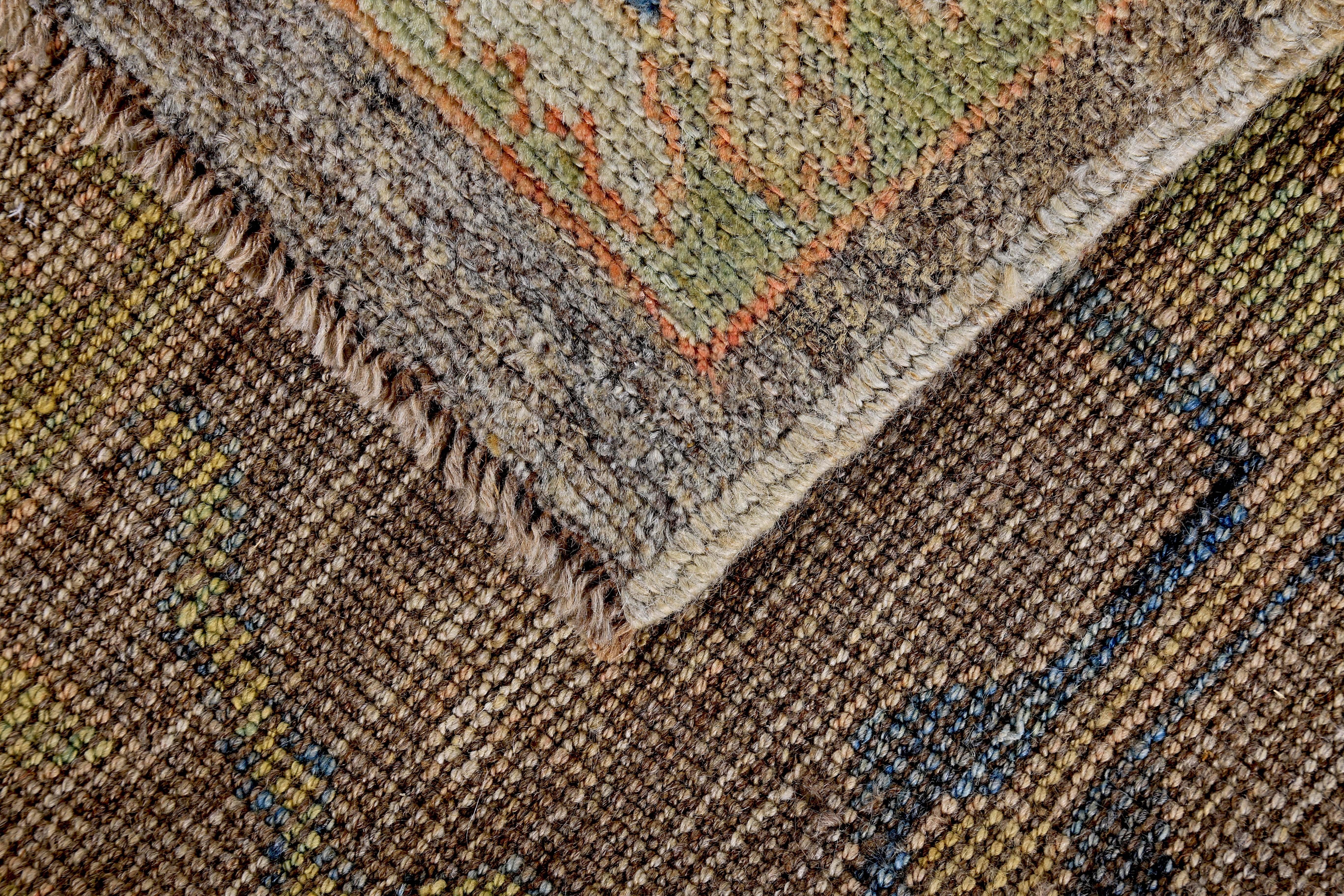 Wool Turkish Oushak Runner Rug with Blue Floral Patterns on Brown and Green Field For Sale