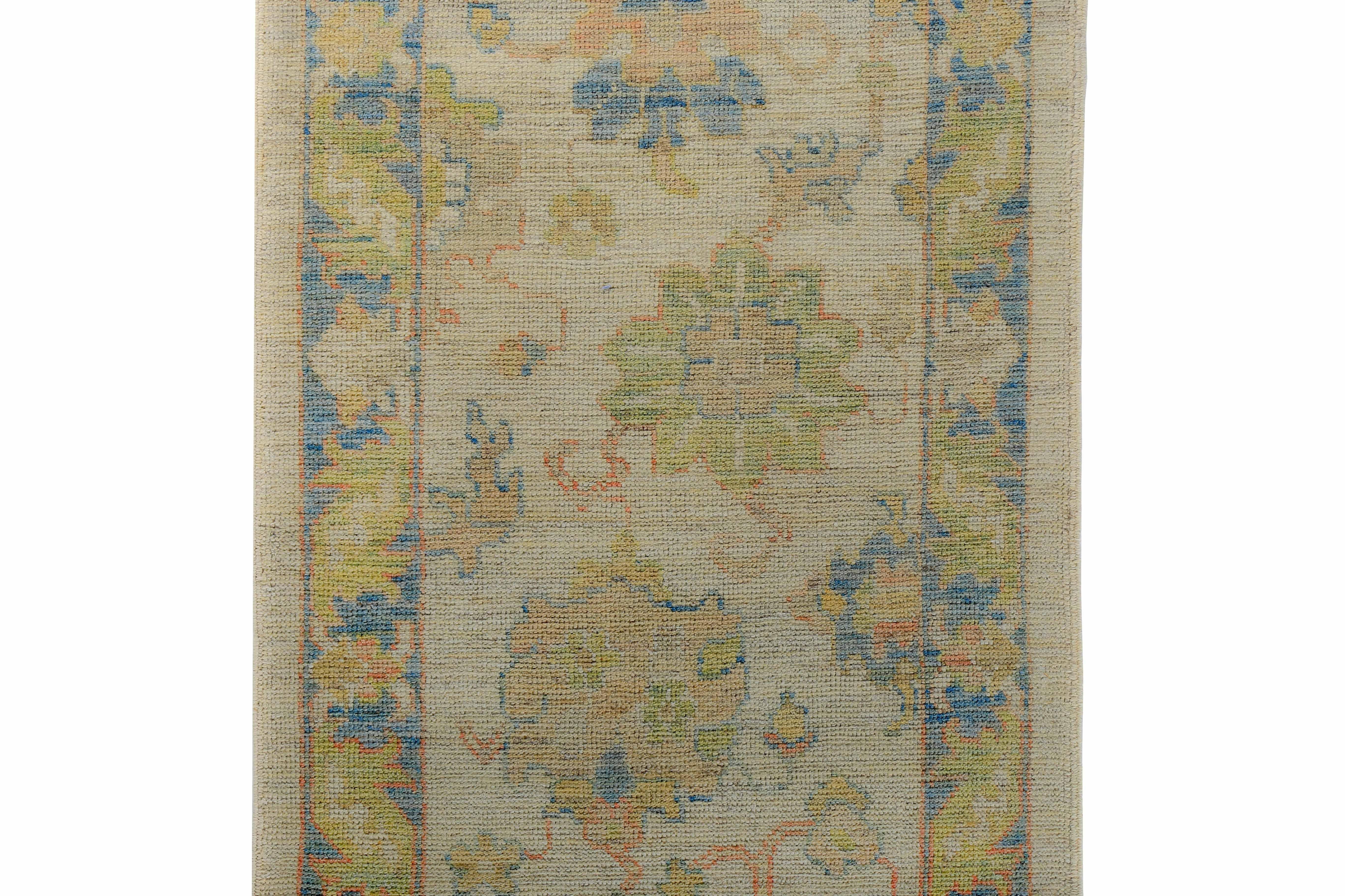Hand-Woven Turkish Oushak Runner Rug with Blue and Green Floral Details on Ivory Field For Sale