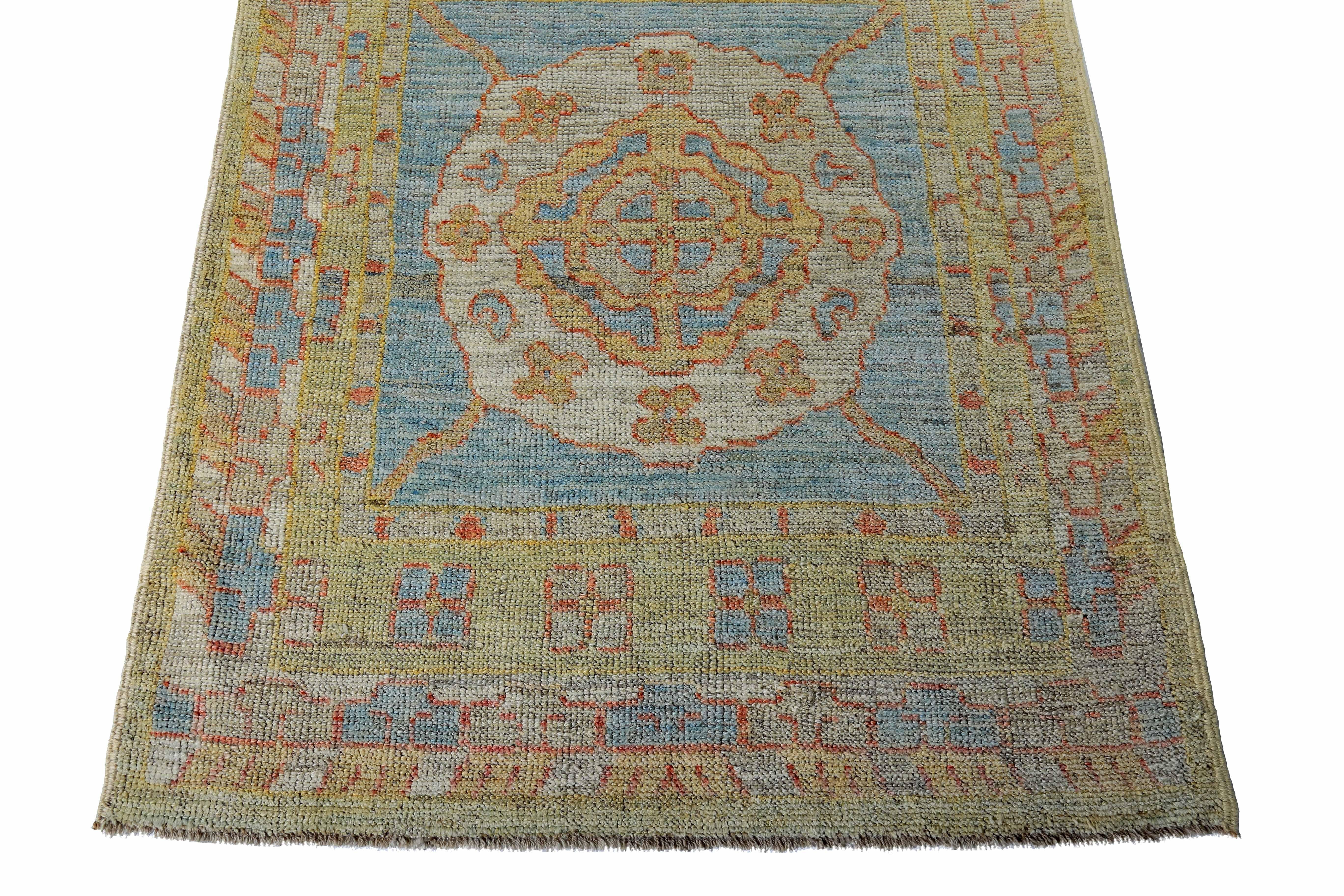 Hand-Woven Turkish Oushak Runner Rug with Blue and Green Floral Details on Ivory Field For Sale