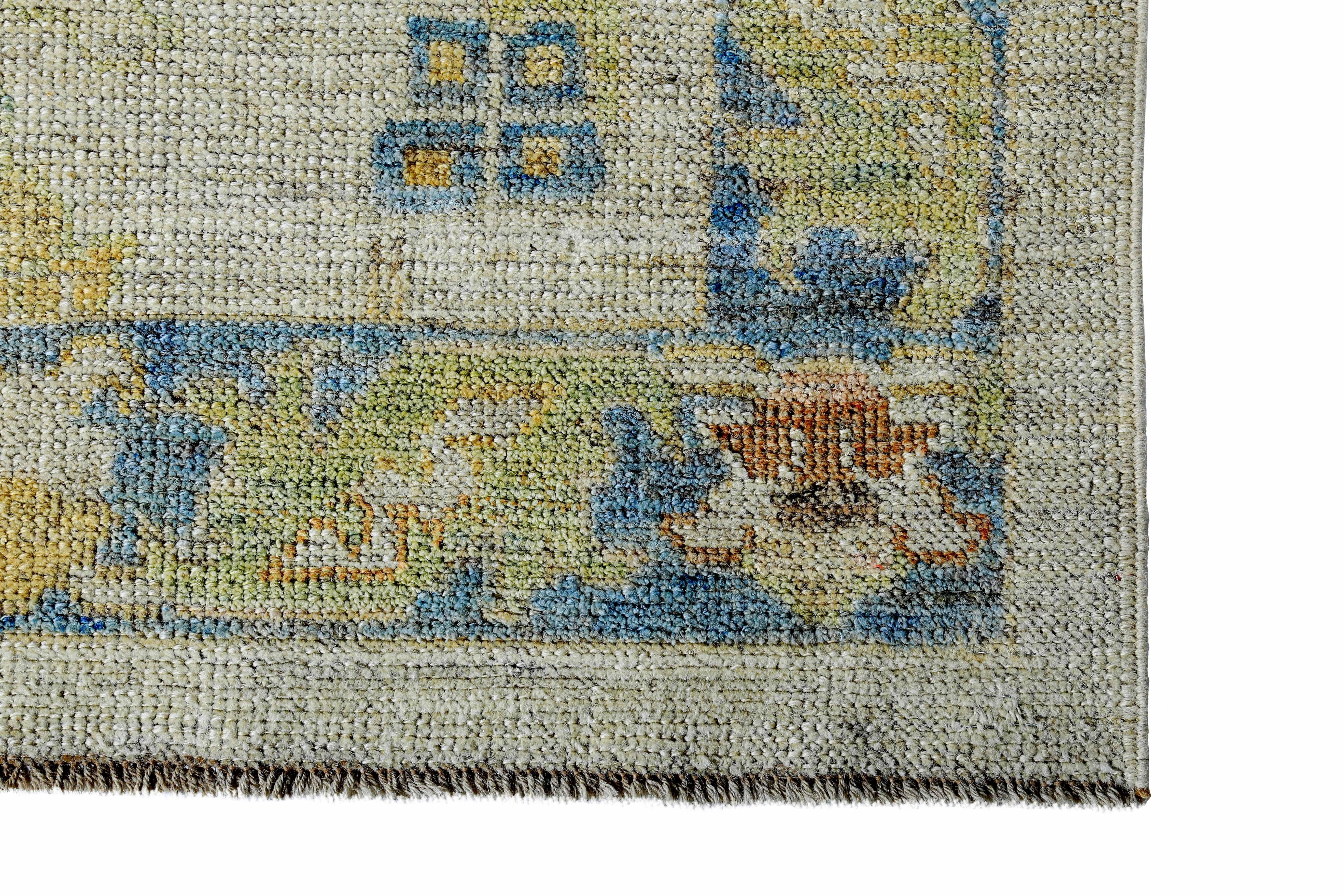 Turkish Oushak Runner Rug with Blue and Green Floral Details on Ivory Field In New Condition For Sale In Dallas, TX