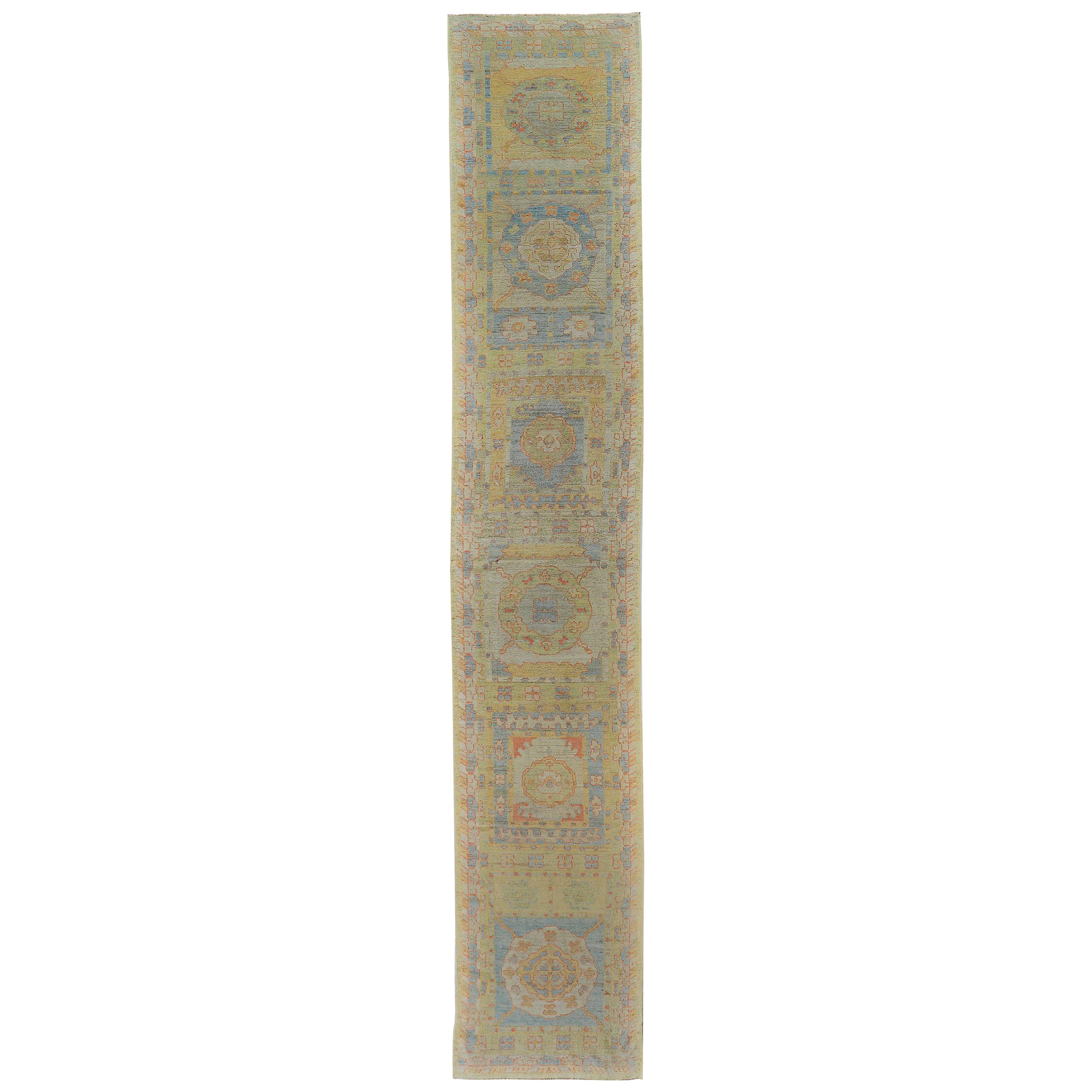 Turkish Oushak Runner Rug with Blue and Green Floral Details on Ivory Field