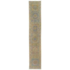 Turkish Oushak Runner Rug with Blue and Green Floral Details on Ivory Field