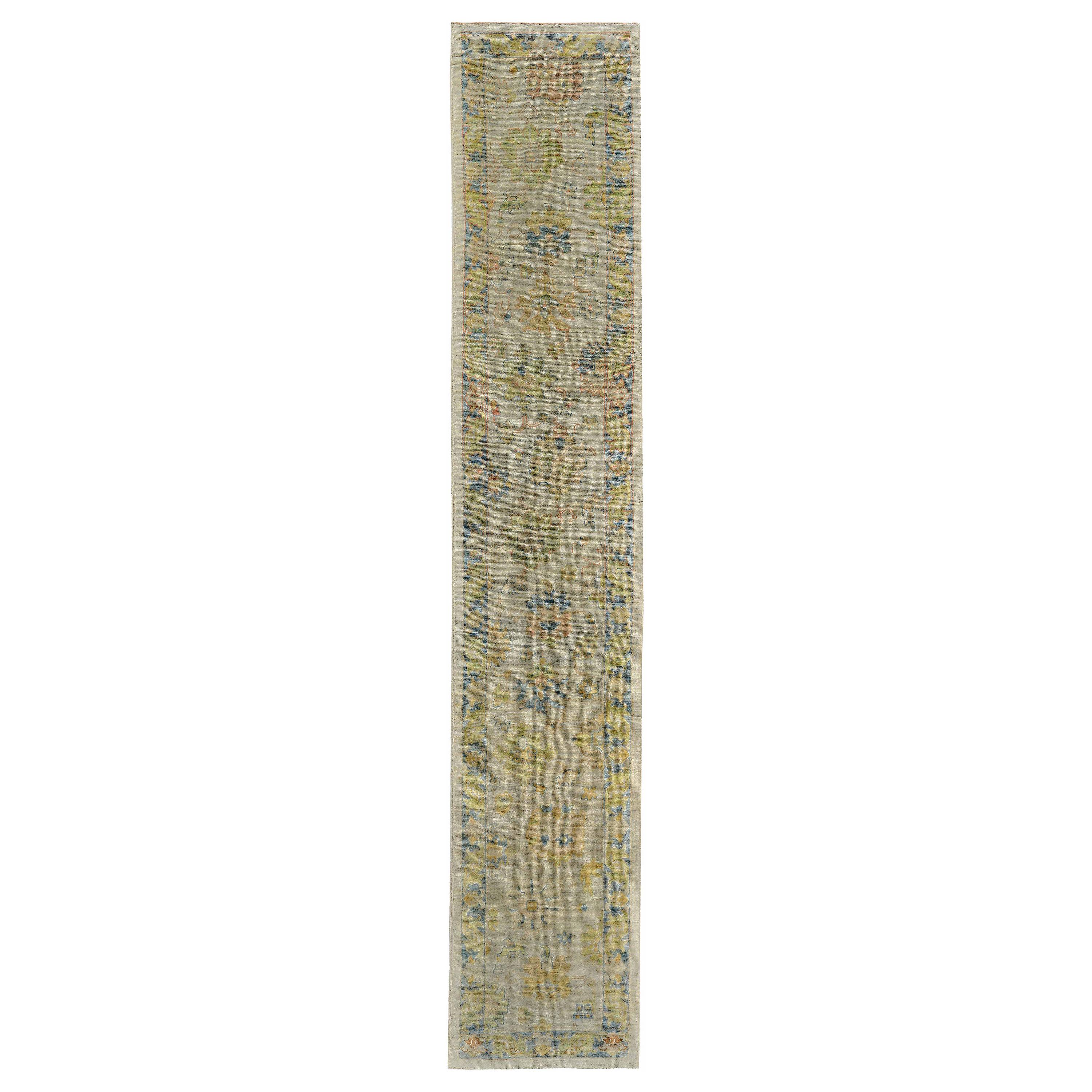 Turkish Oushak Runner Rug with Blue and Green Floral Details on Ivory Field For Sale