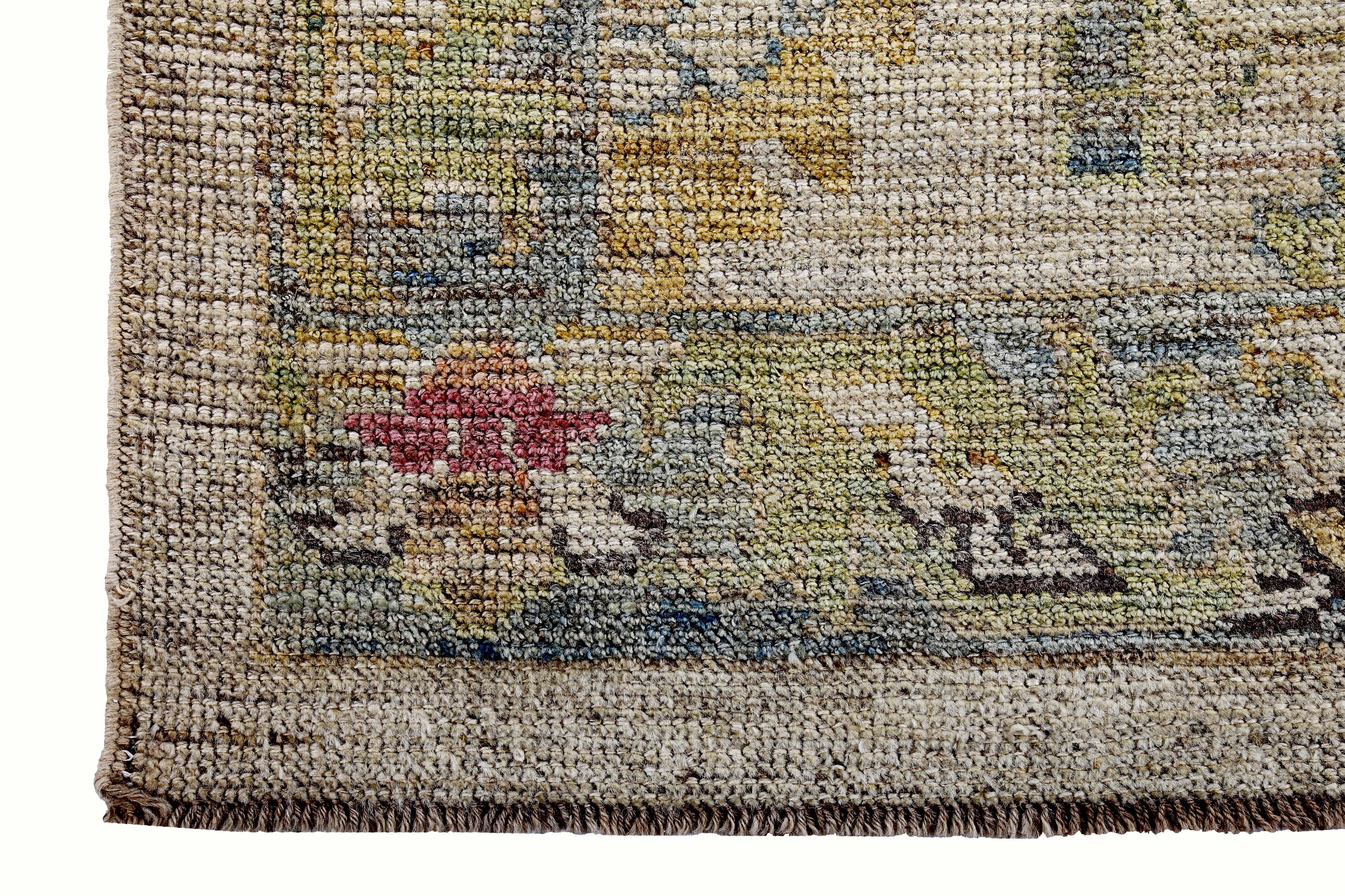 Turkish Oushak Runner Rug with Blue and Green Floral Patterns on Ivory Field In New Condition For Sale In Dallas, TX