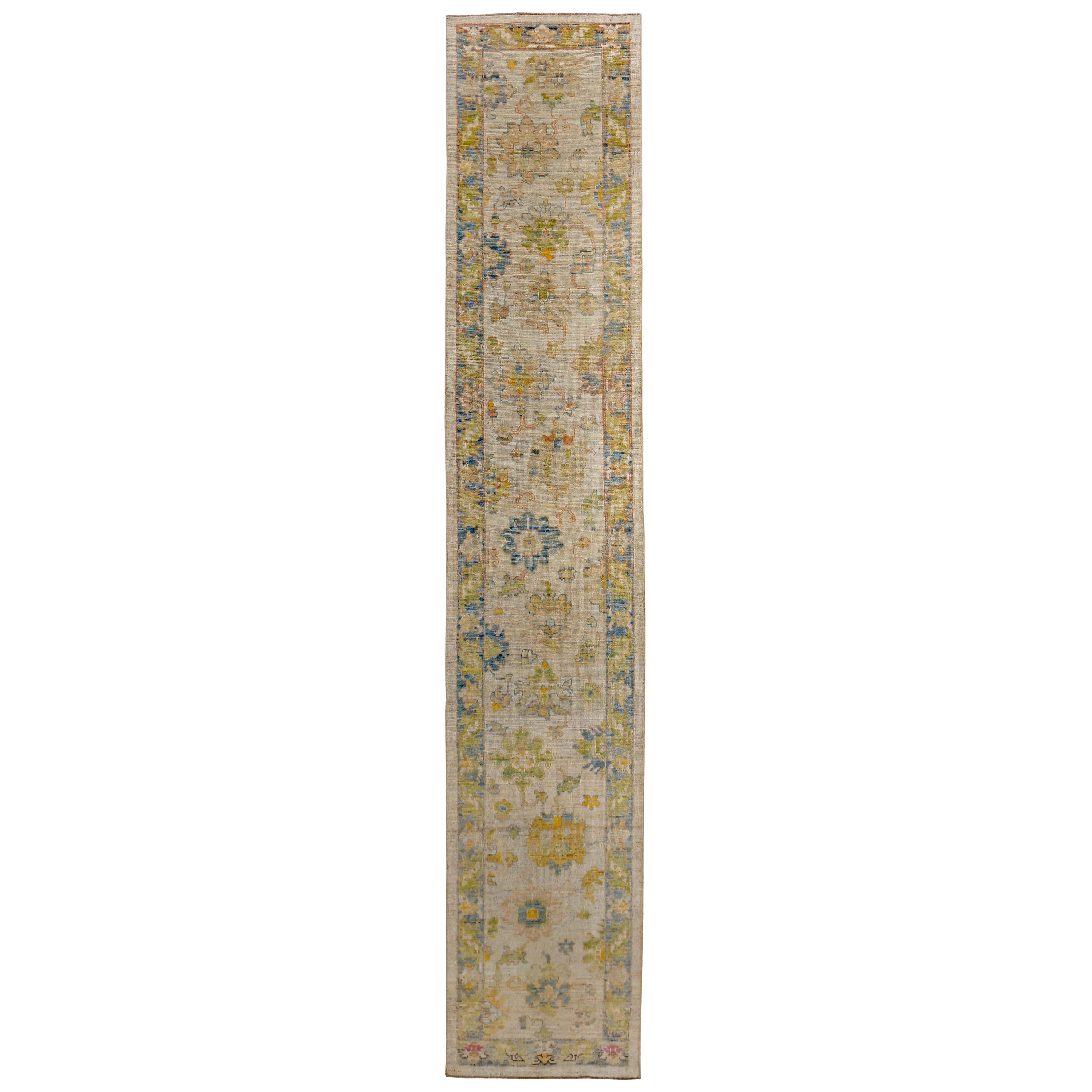 Turkish Oushak Runner Rug with Blue and Green Floral Patterns on Ivory Field For Sale