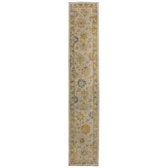 Turkish Oushak Runner Rug with Blue and Green Floral Patterns on Ivory Field