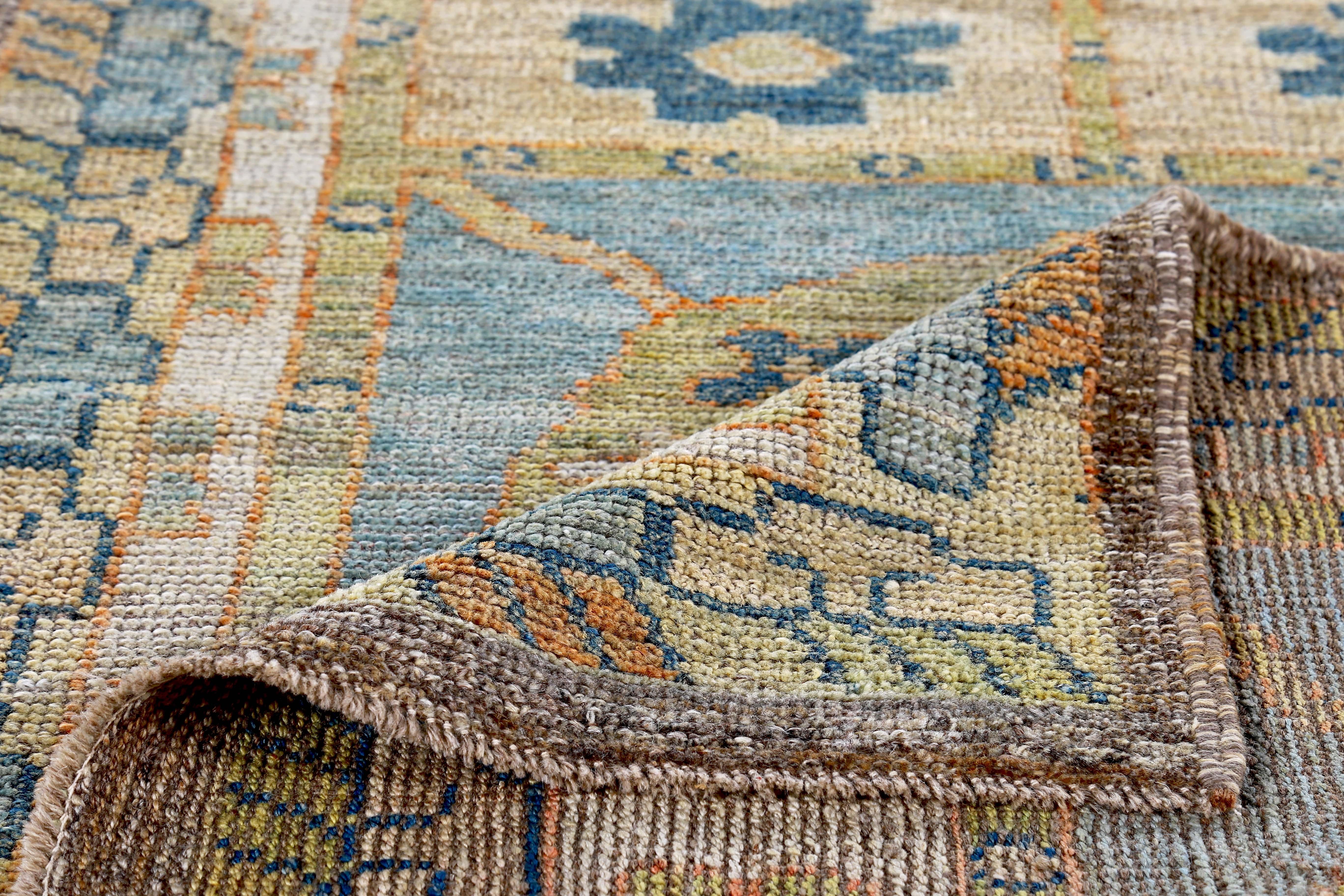 Hand-Woven Turkish Oushak Runner Rug with Blue and Orange Floral Patterns on Beige Field