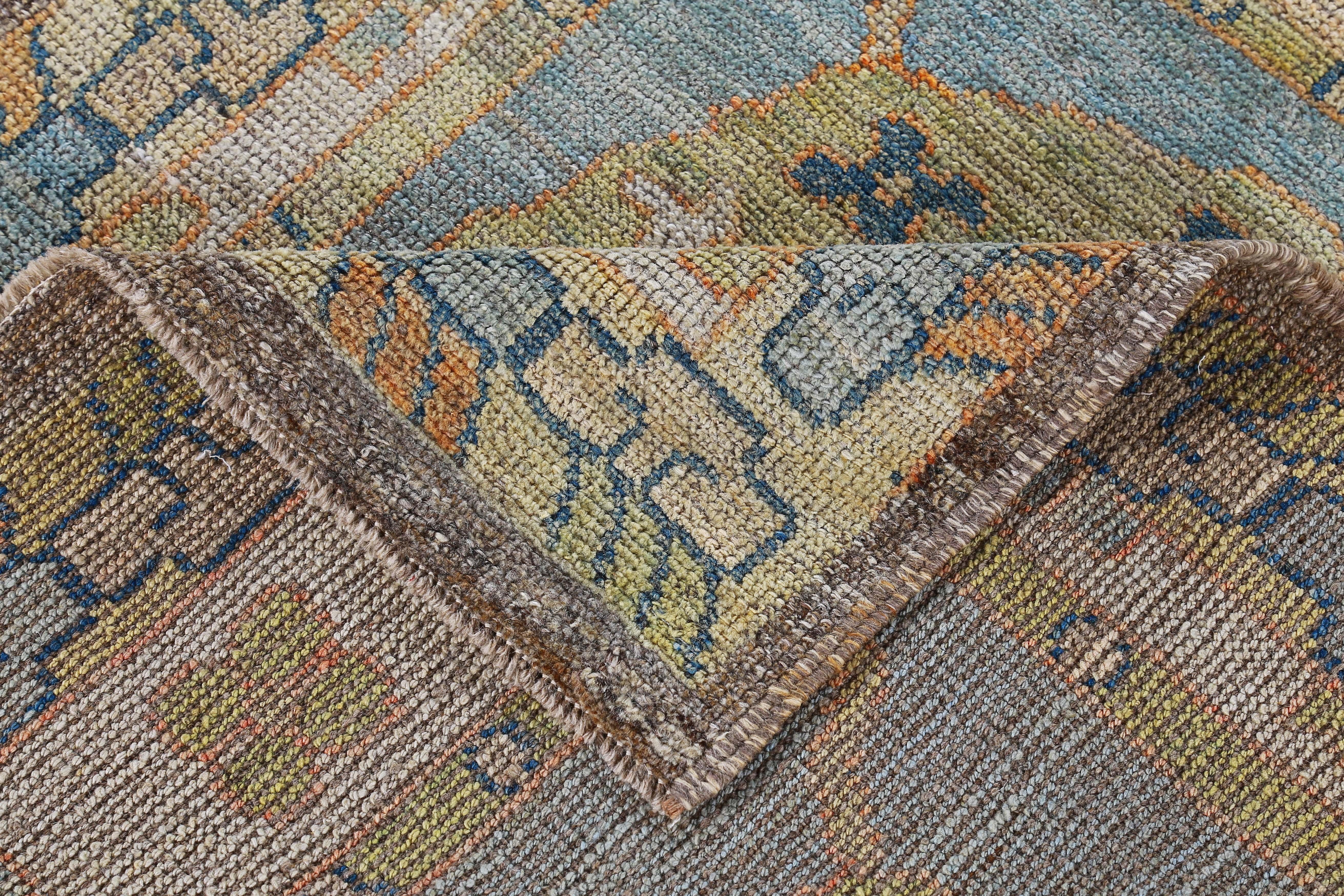 Contemporary Turkish Oushak Runner Rug with Blue and Orange Floral Patterns on Beige Field