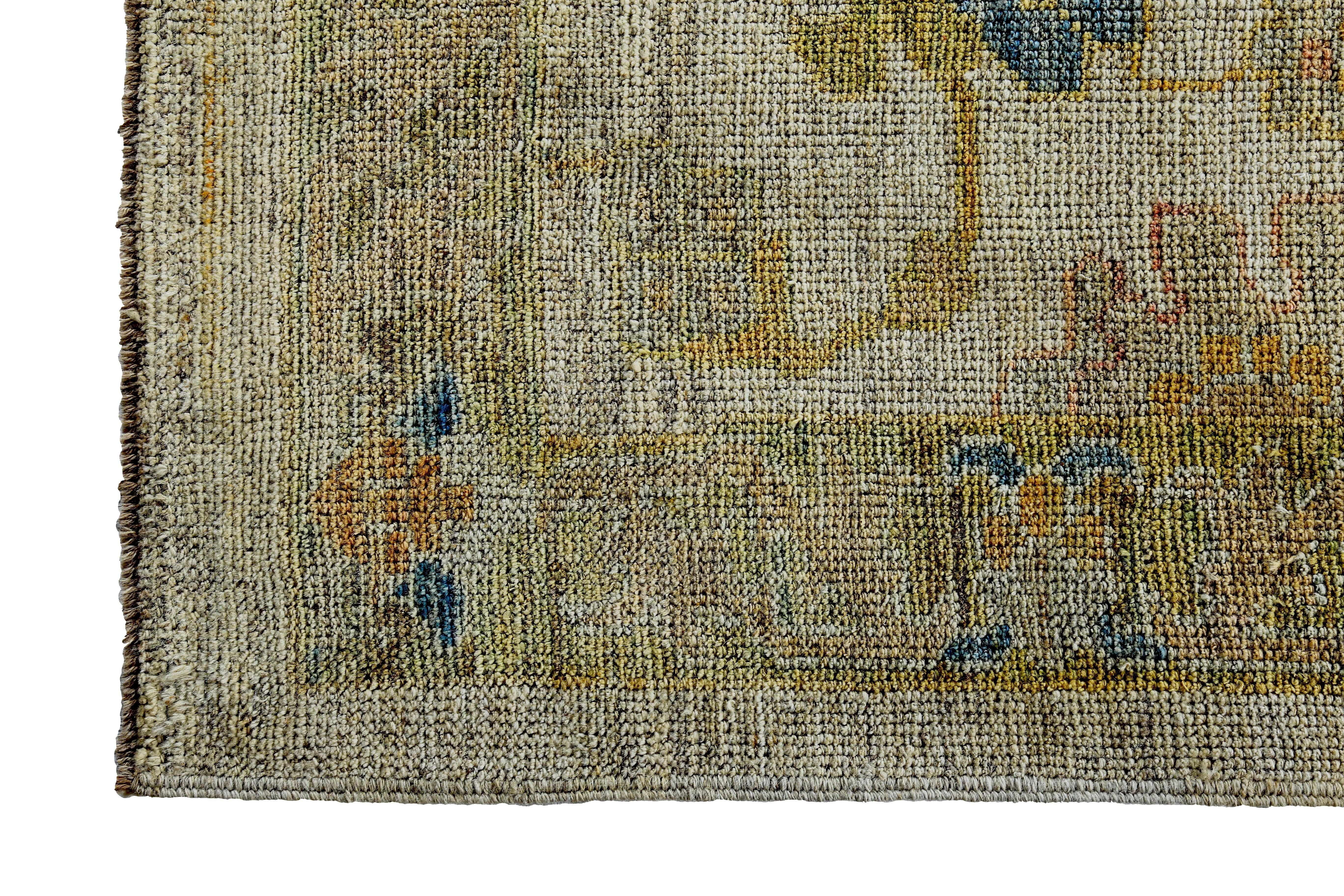Turkish Oushak Runner Rug with Brown and Blue Floral Details on Ivory Field In New Condition For Sale In Dallas, TX