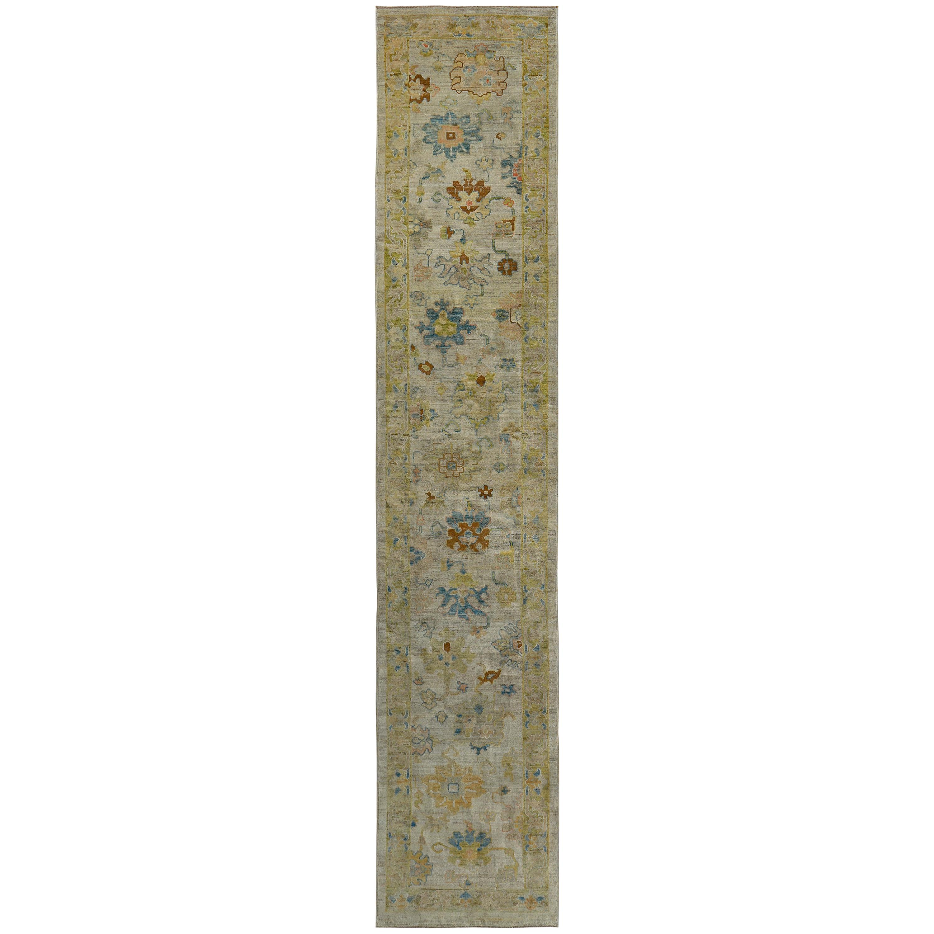 Turkish Oushak Runner Rug with Brown and Blue Floral Details on Ivory Field For Sale