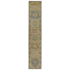 Turkish Oushak Runner Rug with Brown Floral Patterns on Yellow and Green Field