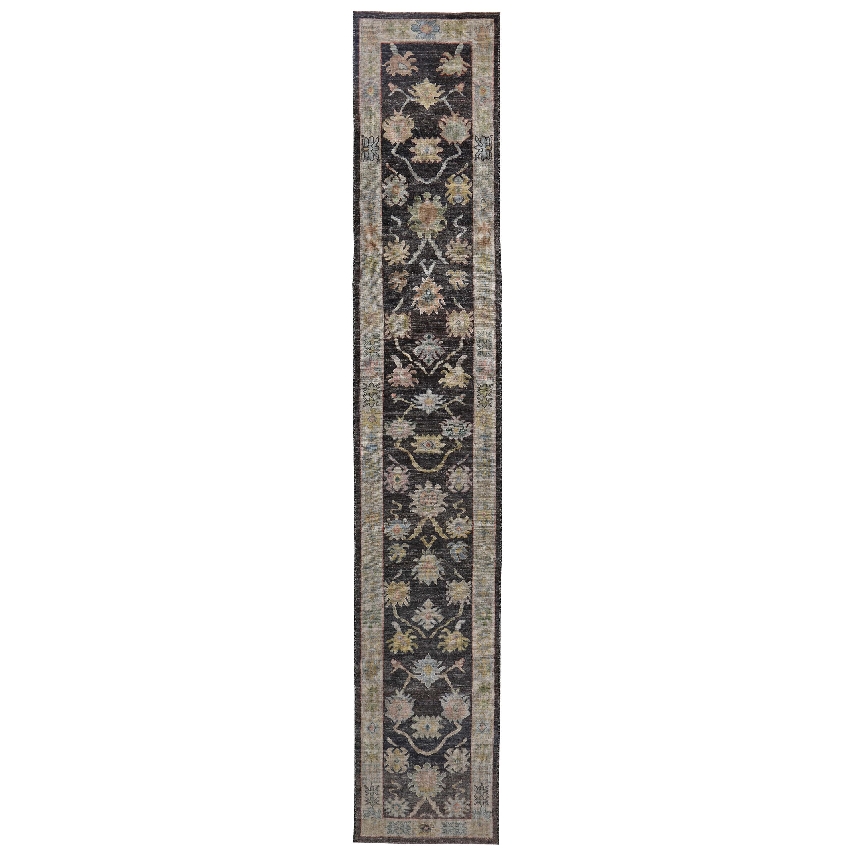 Turkish Oushak Runner Rug with Colorful Flower Heads on Brown and Ivory Field
