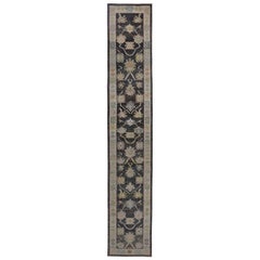 Turkish Oushak Runner Rug with Colorful Flower Heads on Brown and Ivory Field