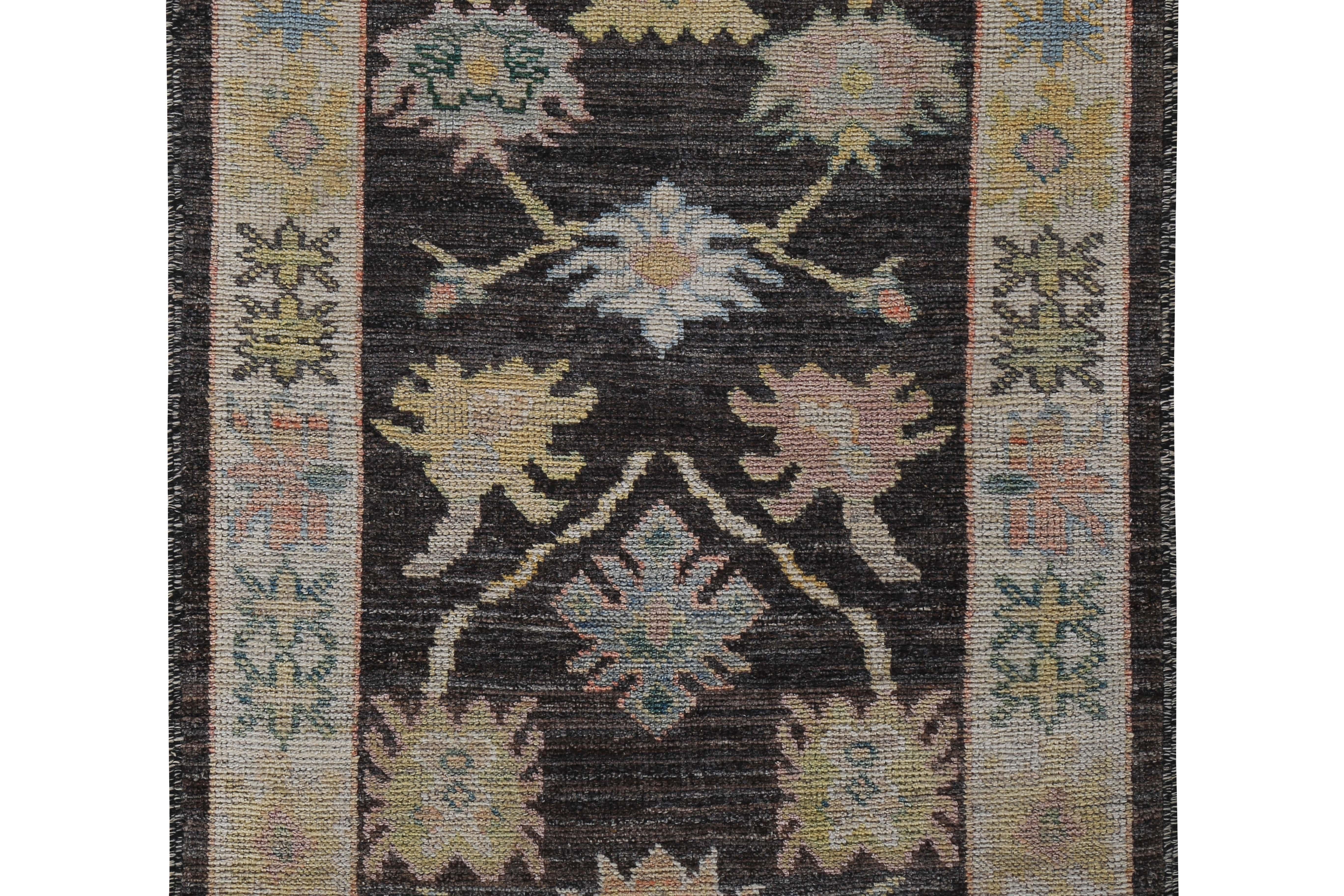 Hand-Woven Turkish Oushak Runner Rug with Colorful Flower Heads on Brown and Ivory Field For Sale