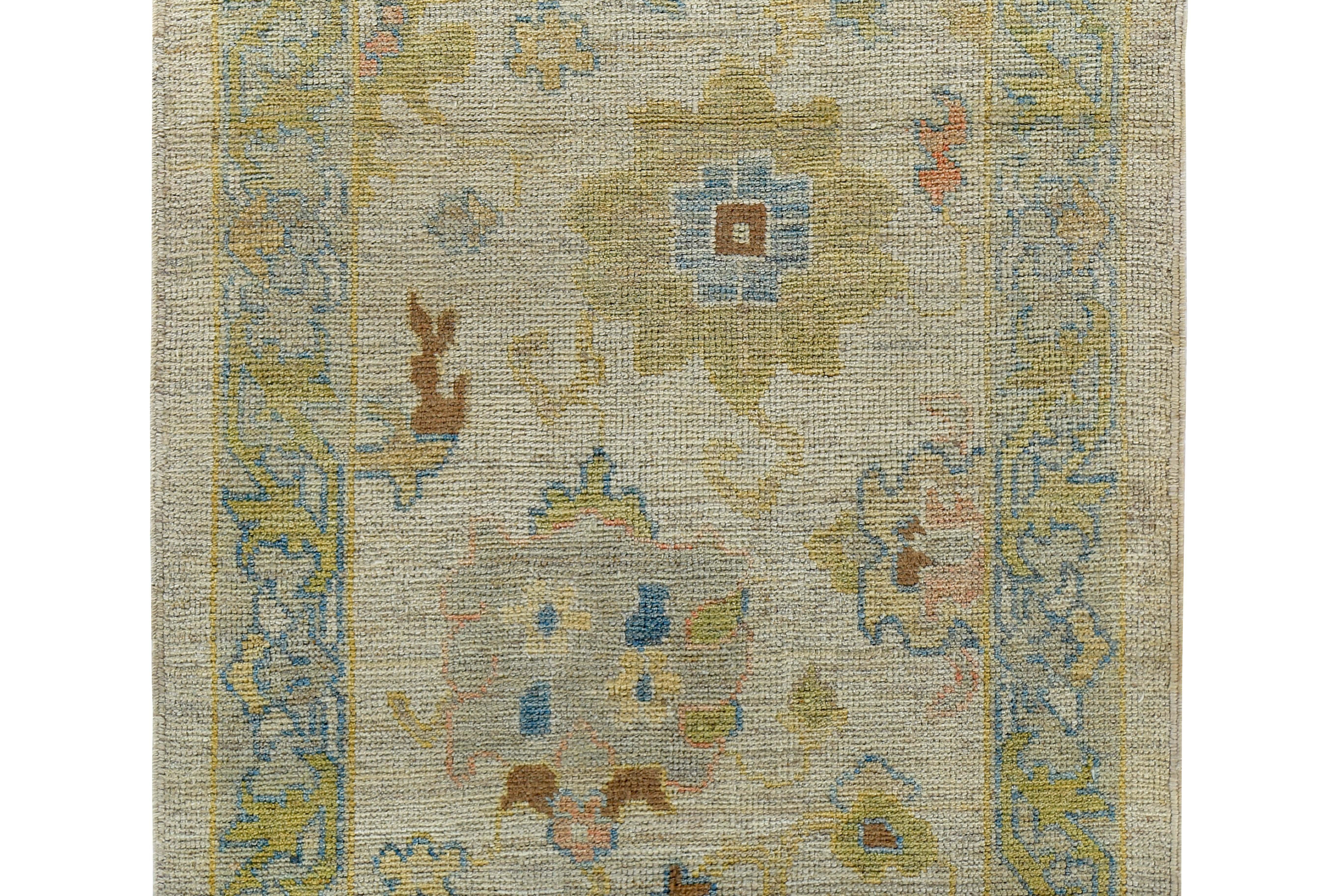 Hand-Woven Turkish Oushak Runner Rug with Gold & Blue Floral Details on Ivory Field For Sale