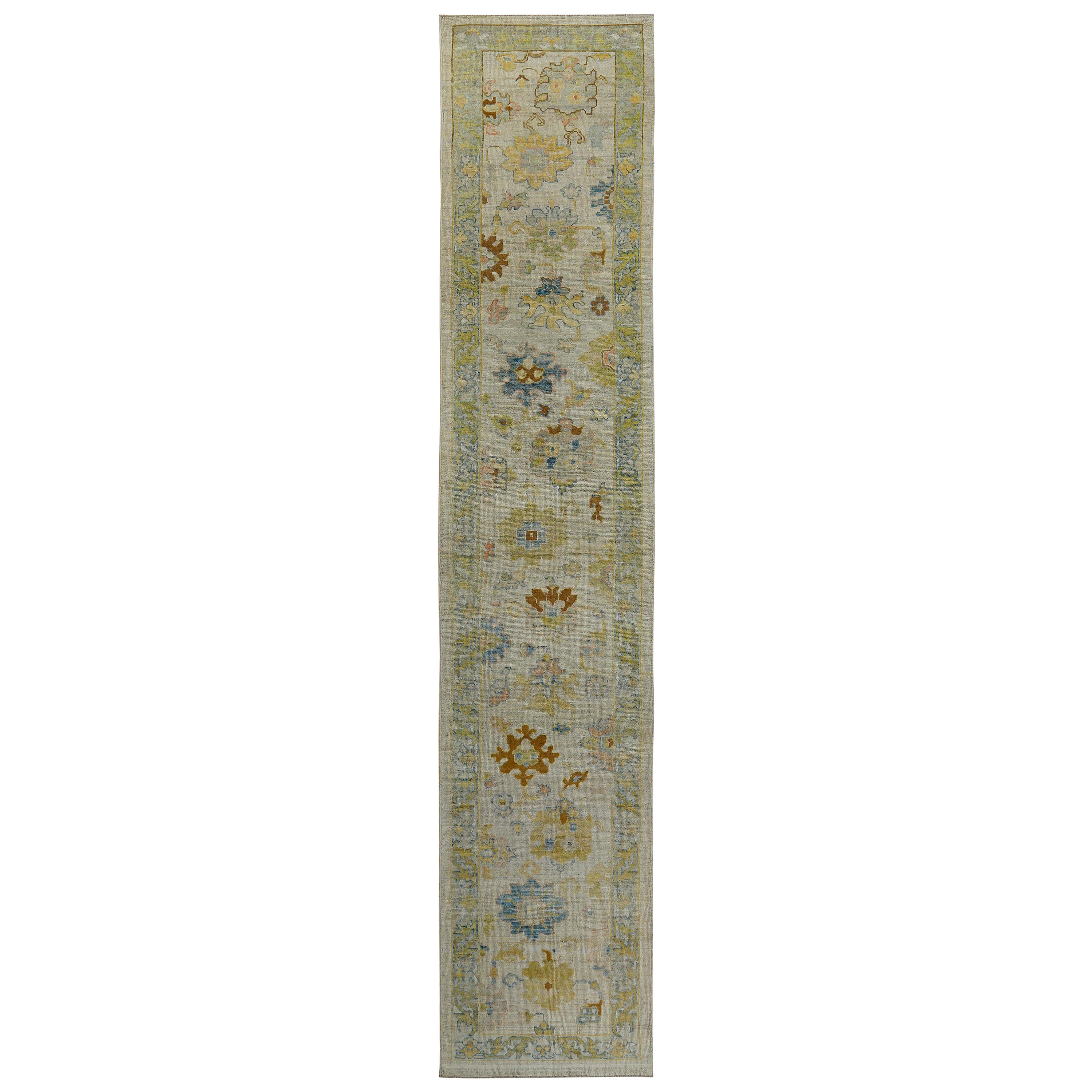 Turkish Oushak Runner Rug with Gold & Blue Floral Details on Ivory Field For Sale