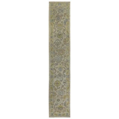 Turkish Oushak Runner Rug with Gold and Blue Floral Details on Ivory Field