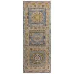 green rug Turkish Oushak Runner Rug with Green and Orange Floral Patterns on Blue Field