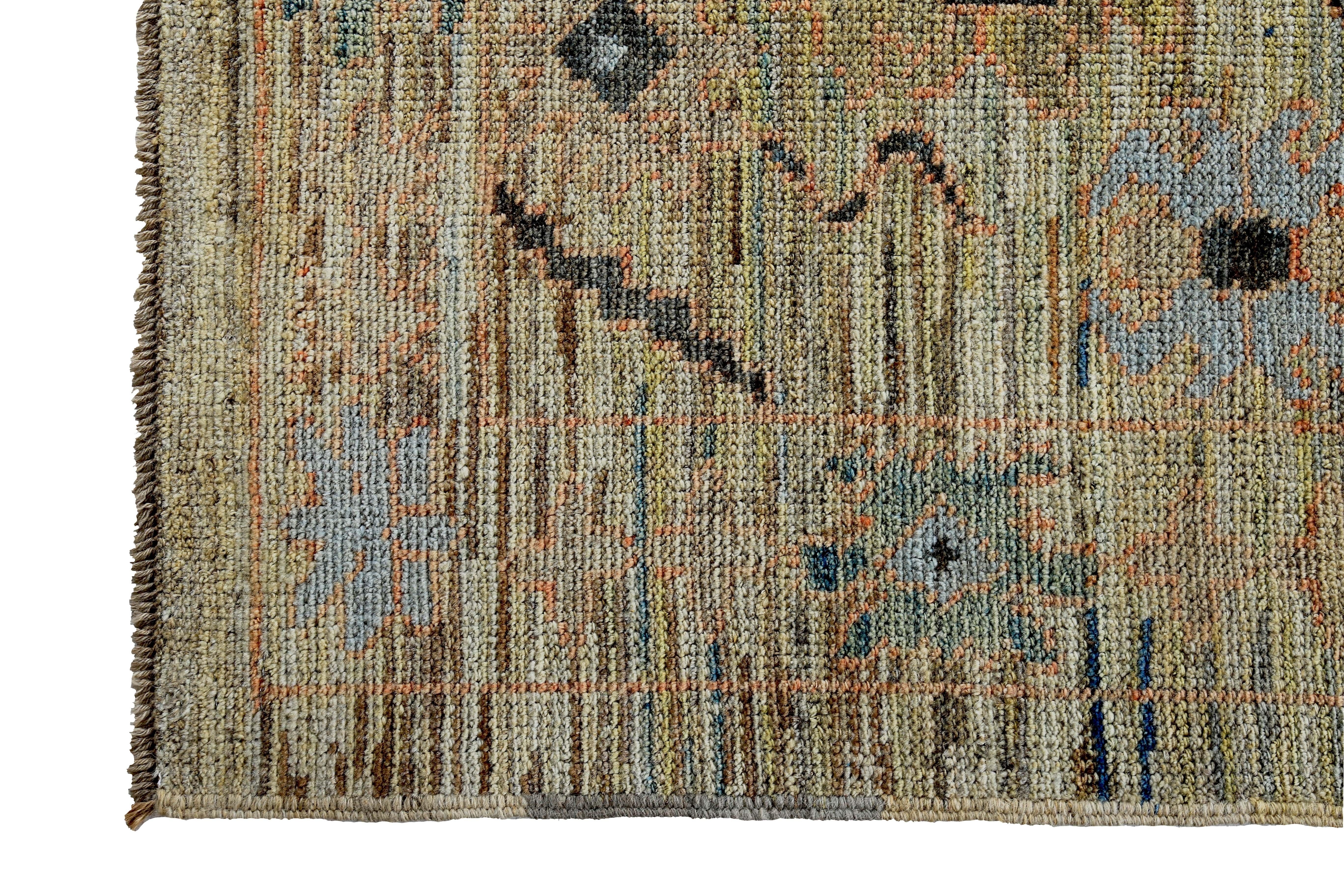Hand-Woven Turkish Oushak Runner Rug with Green & Blue Floral Details on Ivory Field For Sale
