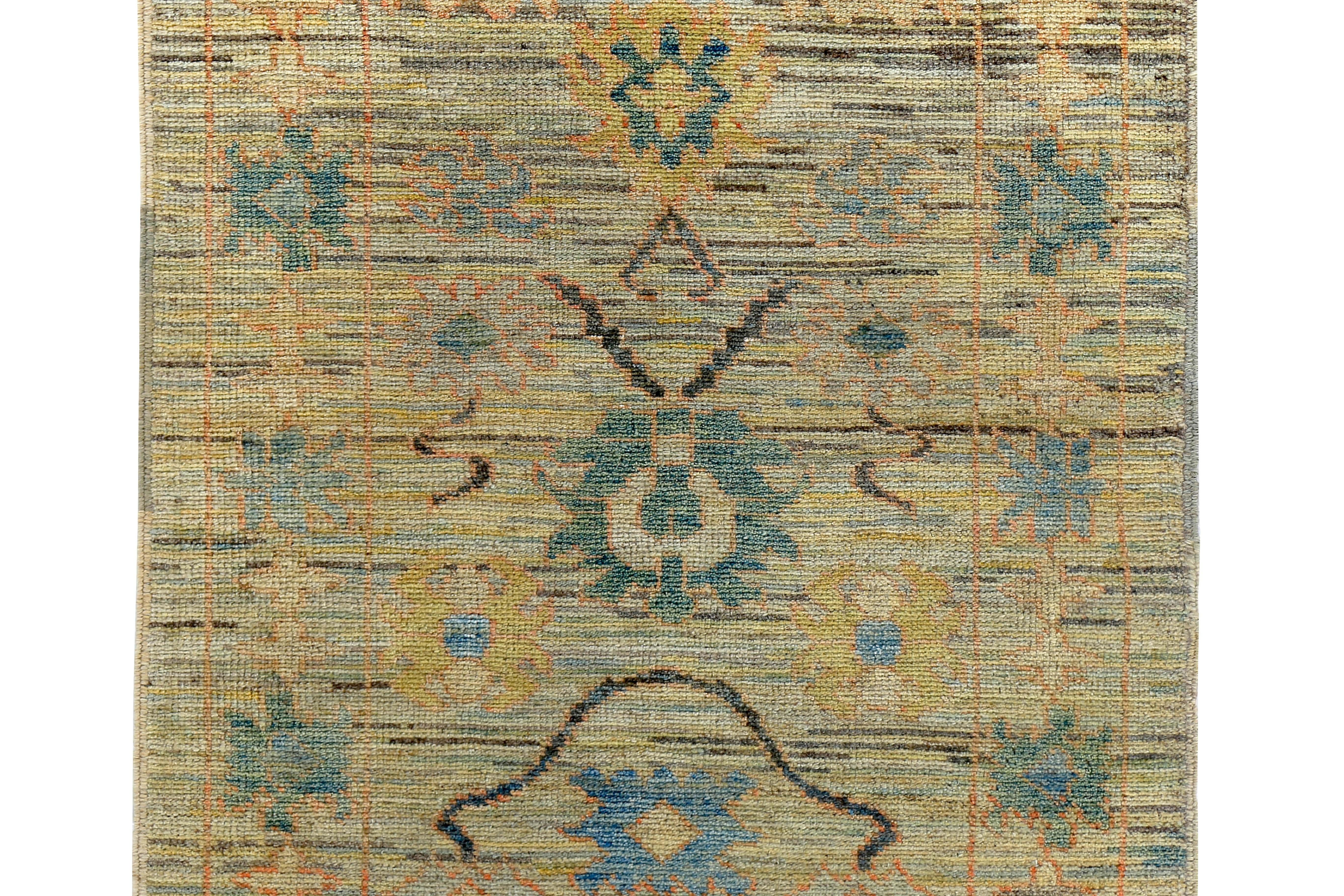 Turkish Oushak Runner Rug with Green & Blue Floral Details on Ivory Field In New Condition For Sale In Dallas, TX