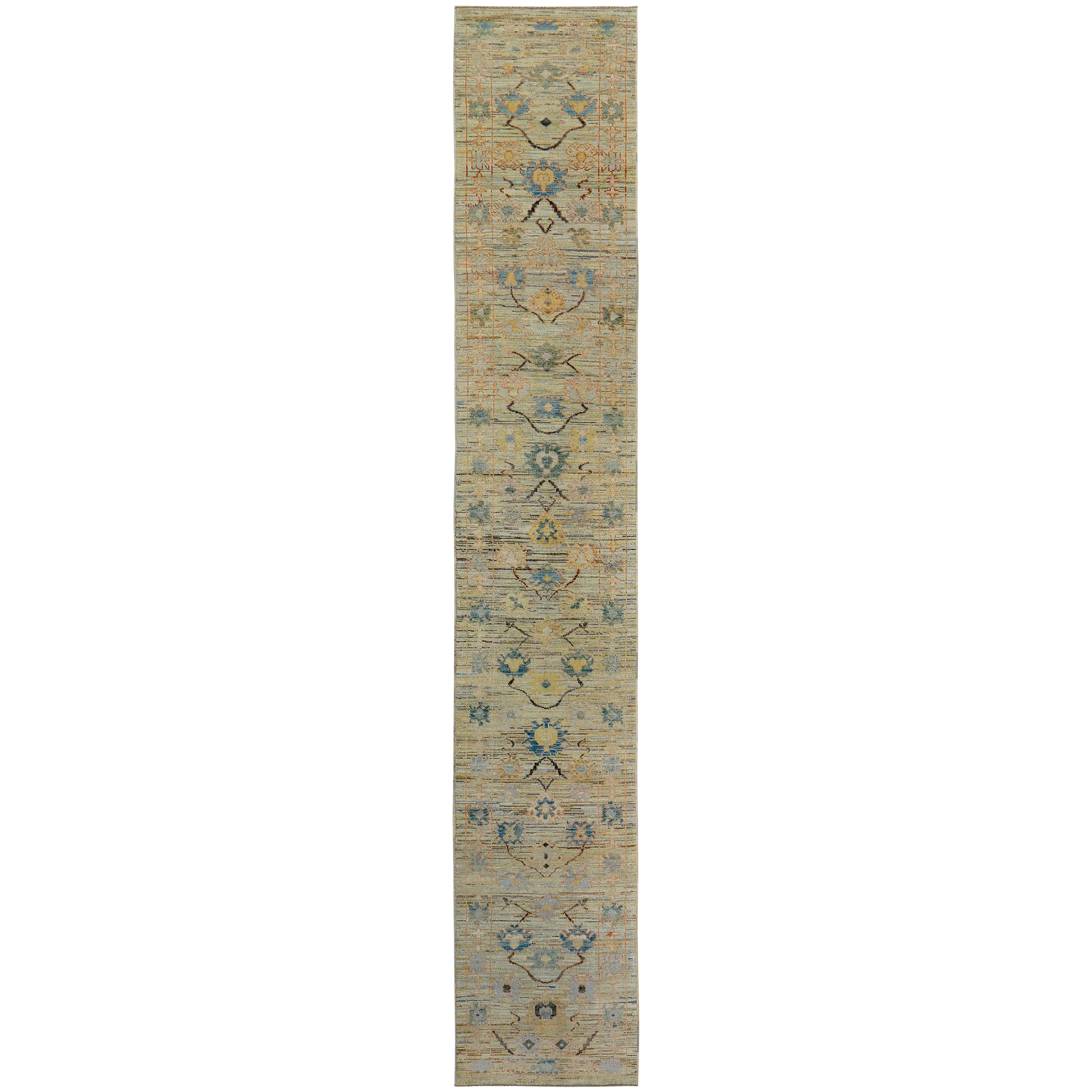 Turkish Oushak Runner Rug with Green & Blue Floral Details on Ivory Field For Sale