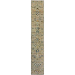Turkish Oushak Runner Rug with Green & Blue Floral Details on Ivory Field