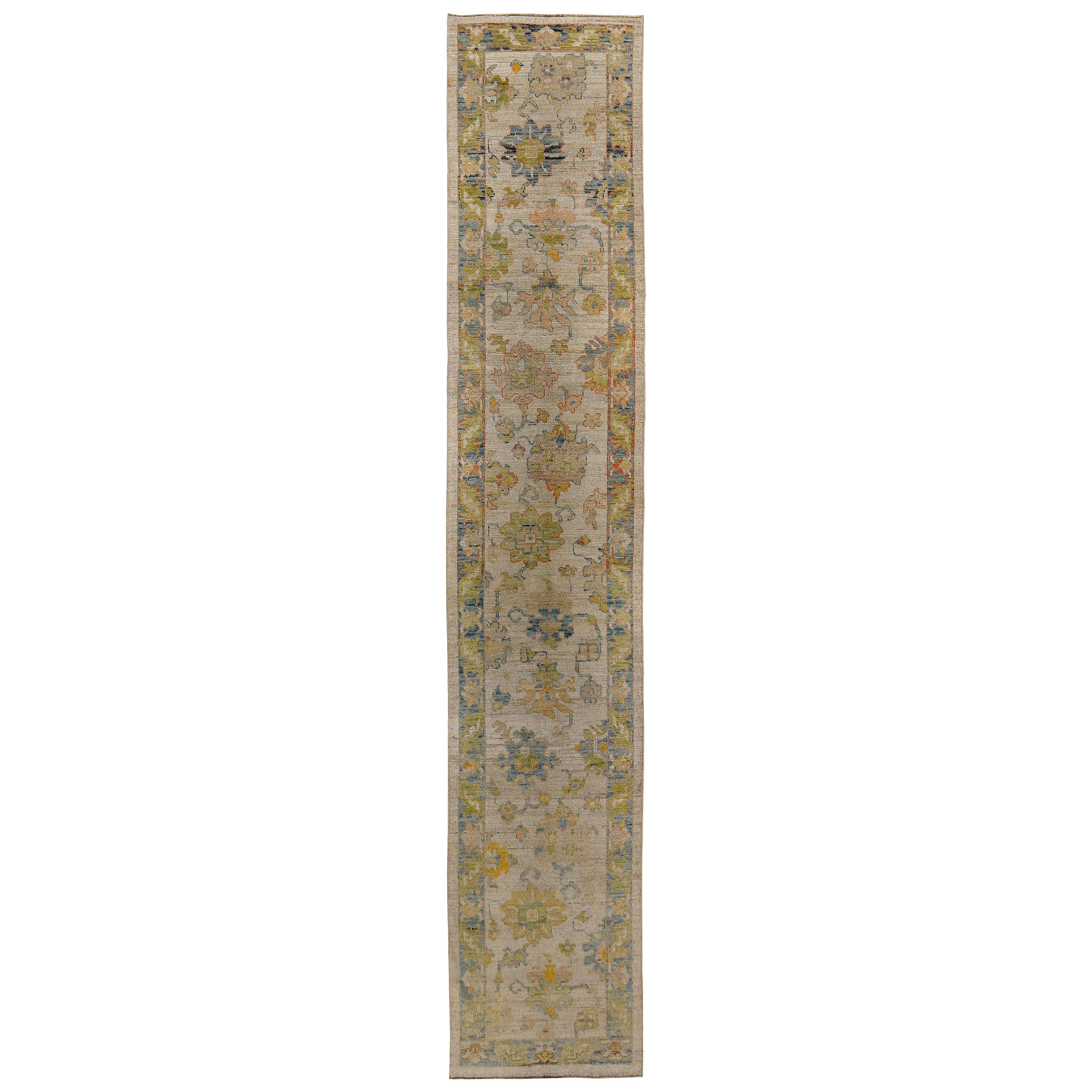 Turkish Oushak Runner Rug with Navy and Green Floral Heads on Ivory Field