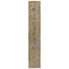 Turkish Oushak Runner Rug with Navy and Green Floral Heads on Ivory Field