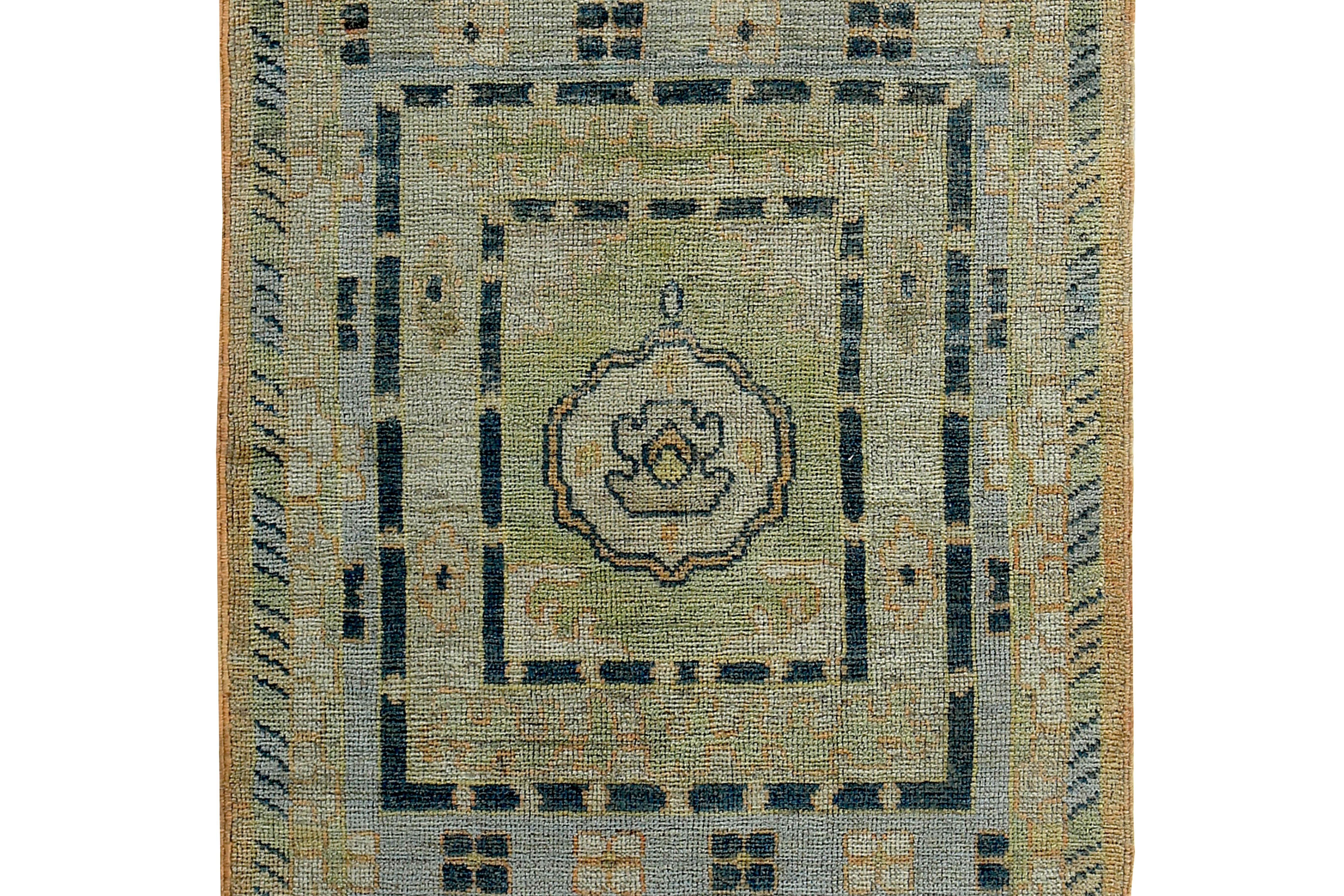 Turkish Oushak Runner Rug with Navy & Green Floral Patterns on Blue & Orange Fie In New Condition For Sale In Dallas, TX