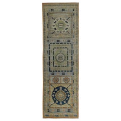 Turkish Oushak Runner Rug with Navy & Green Floral Patterns on Blue & Orange Fie