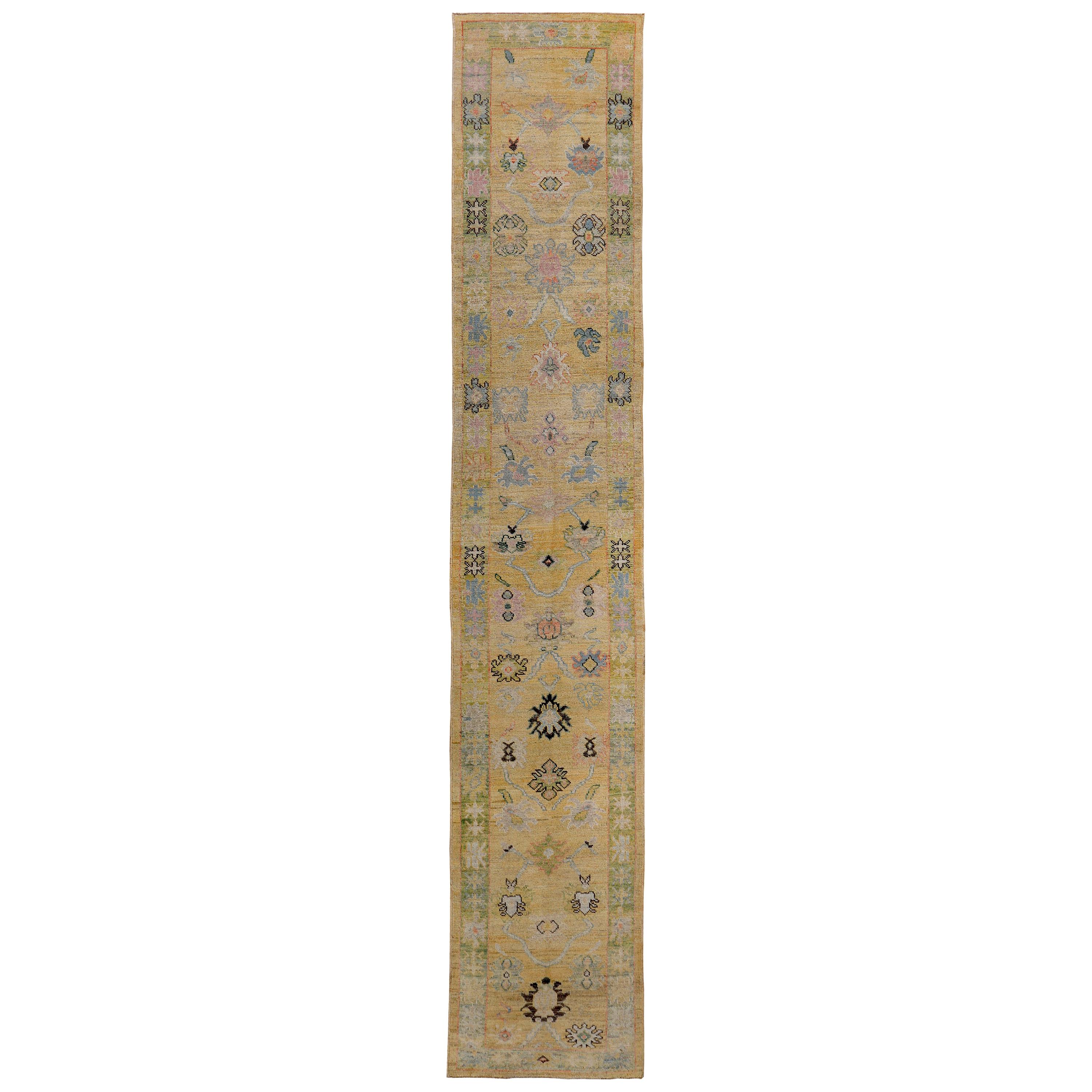 Turkish Oushak Runner Rug with Pink and Gray Flower Details on Yellow Field