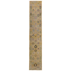Turkish Oushak Runner Rug with Pink and Gray Flower Details on Yellow Field