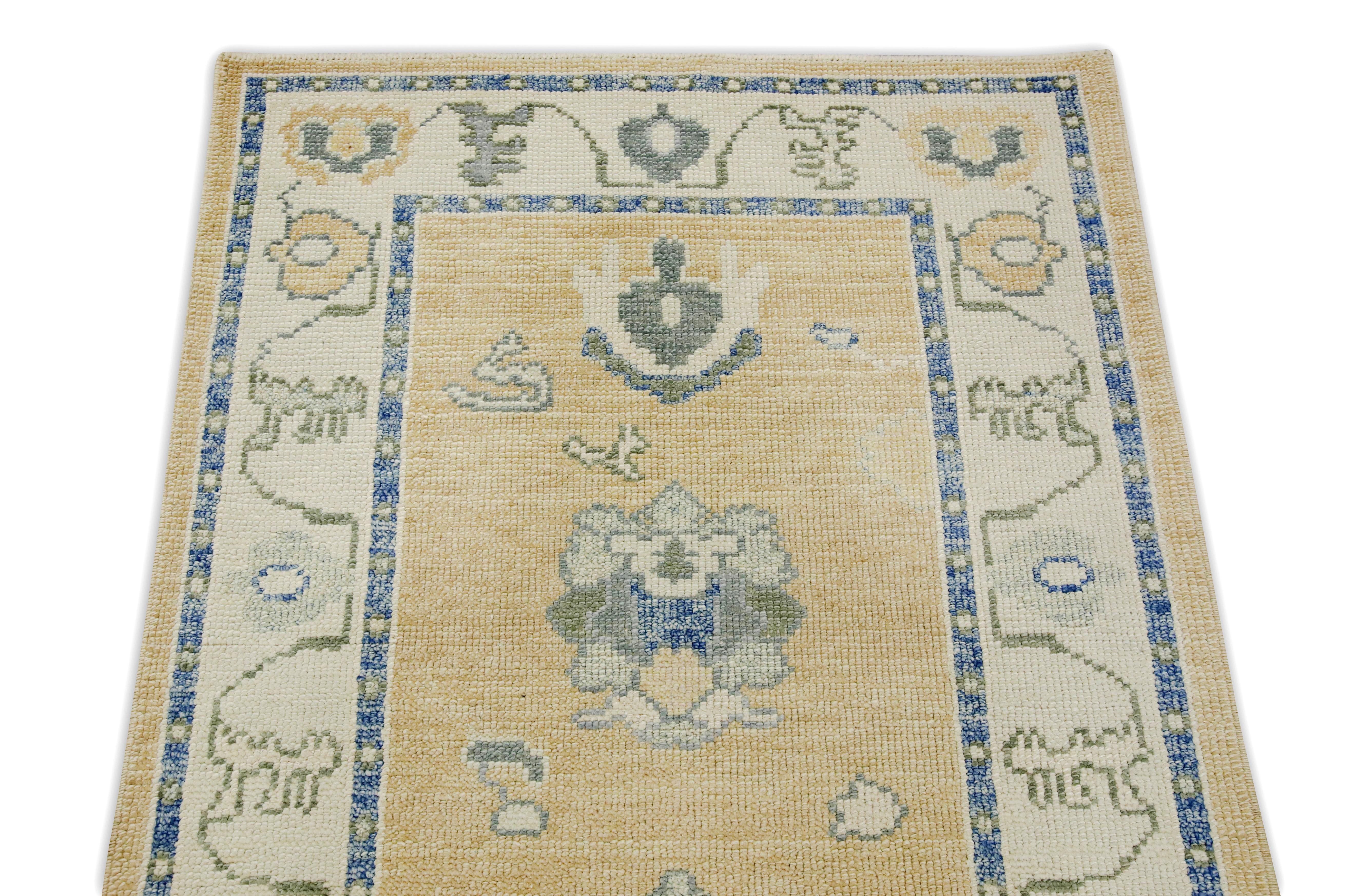 Türkische Oushak Läufer Teppich Gelb & Blau Floral Design Handmade Teppich 3' x 9'9