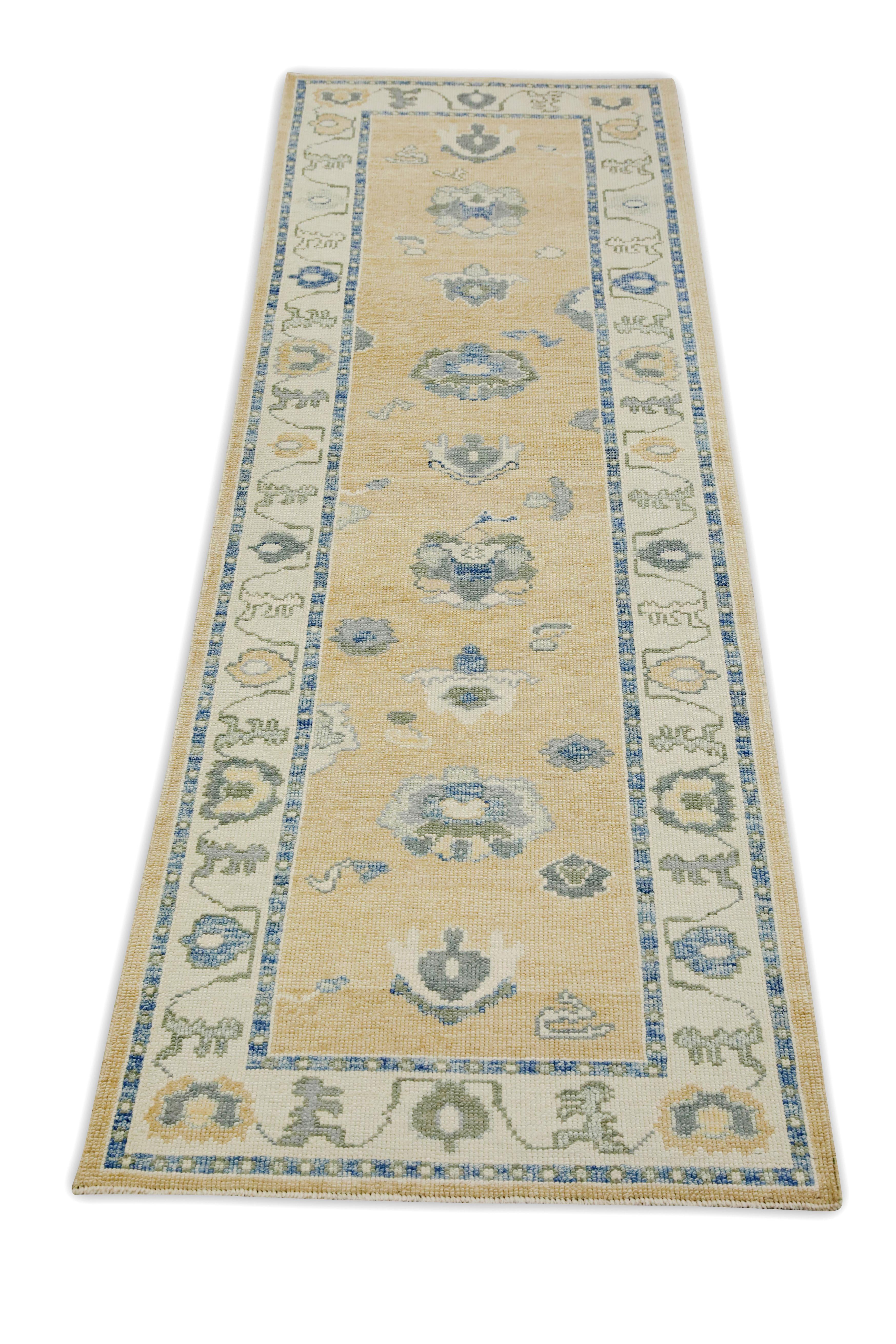 Türkische Oushak Läufer Teppich Gelb & Blau Floral Design Handmade Teppich 3' x 9'9