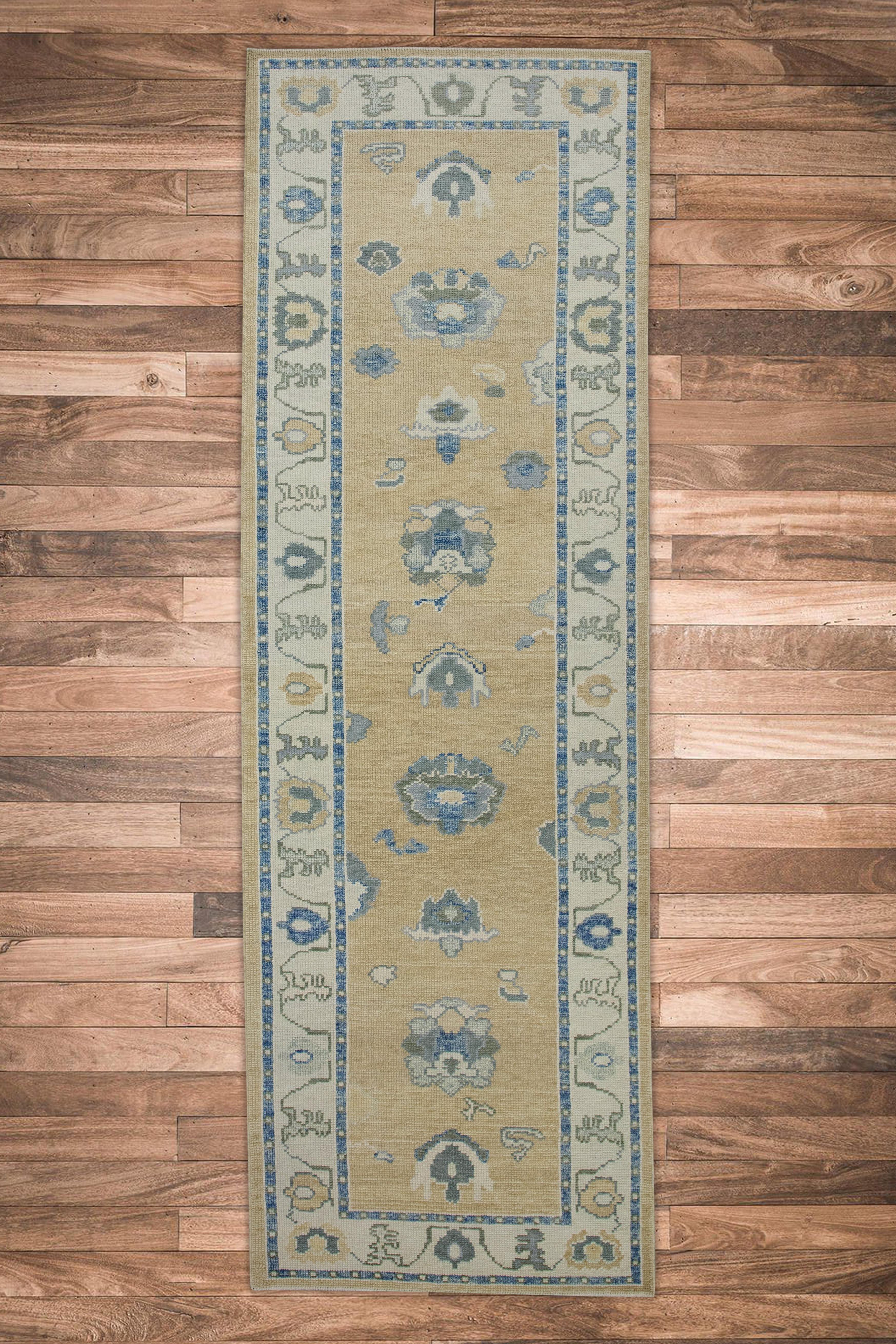 Türkische Oushak Läufer Teppich Gelb & Blau Floral Design Handmade Teppich 3' x 9'9