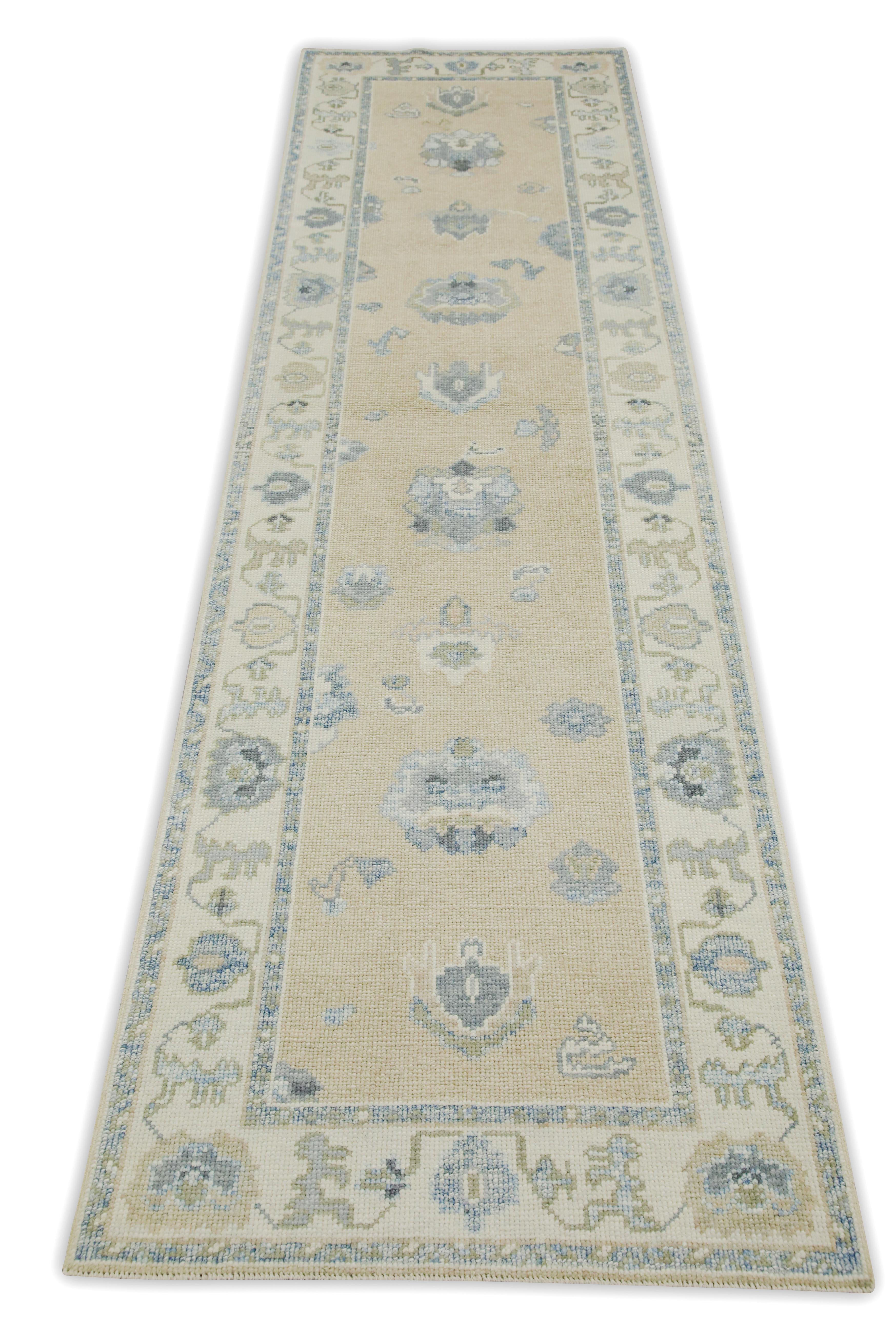 XXI secolo e contemporaneo Tappeto Oushak Runner Turco Giallo e Blu Tessuto a mano in lana 2'10