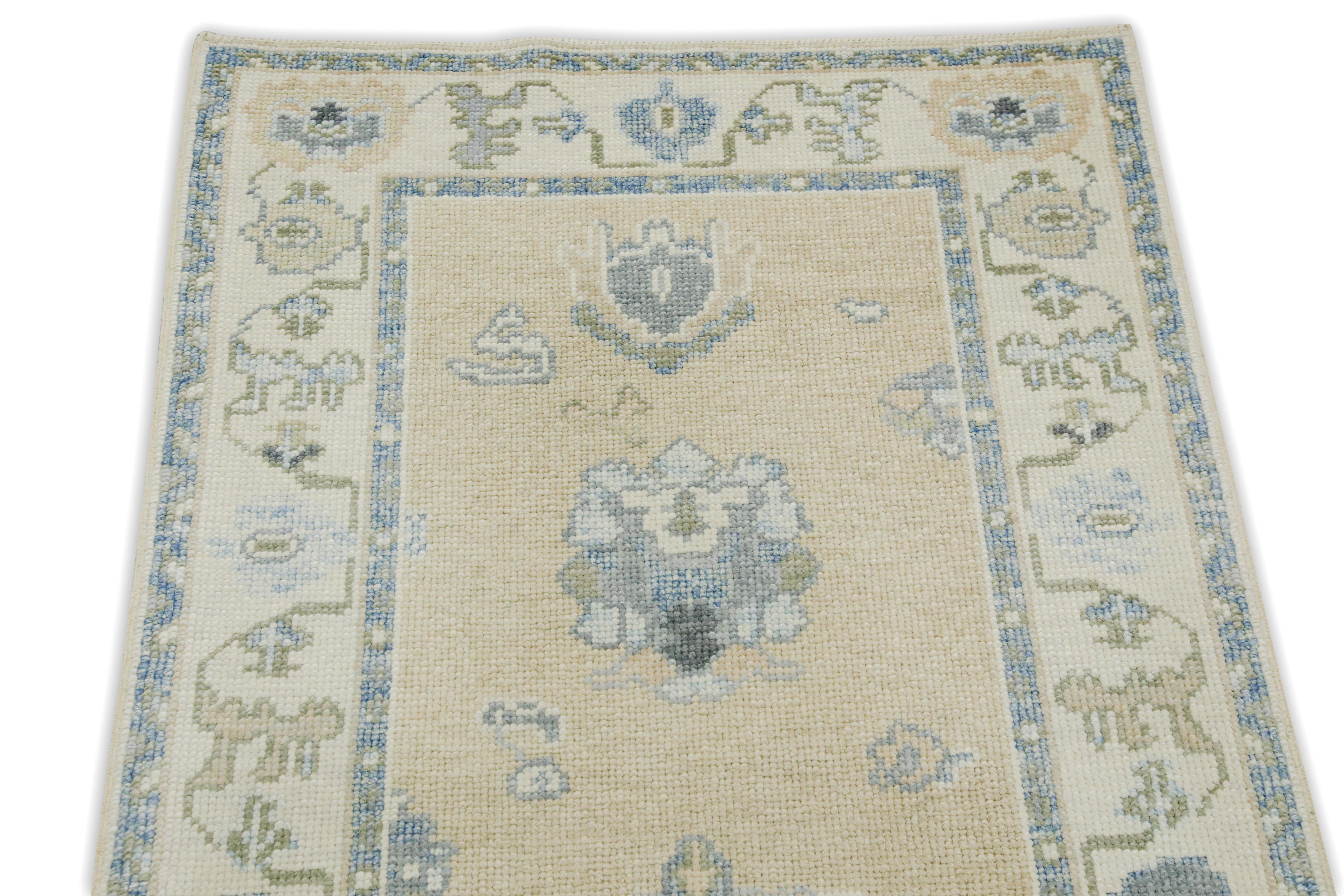 Tappeto Oushak Runner Turco Giallo e Blu Tessuto a mano in lana 2'10