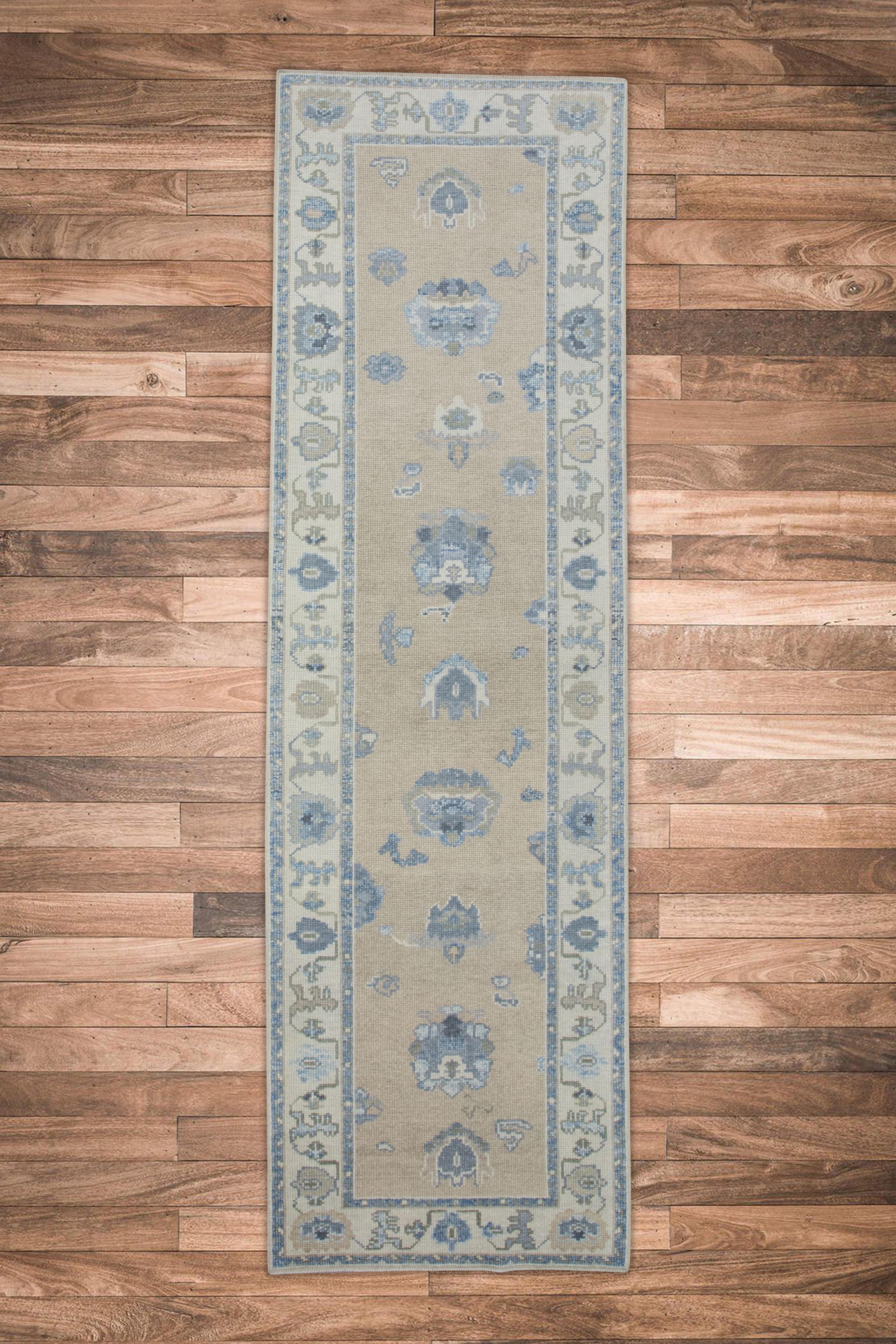 Tappeto Oushak Runner Turco Giallo e Blu Tessuto a mano in lana 2'10
