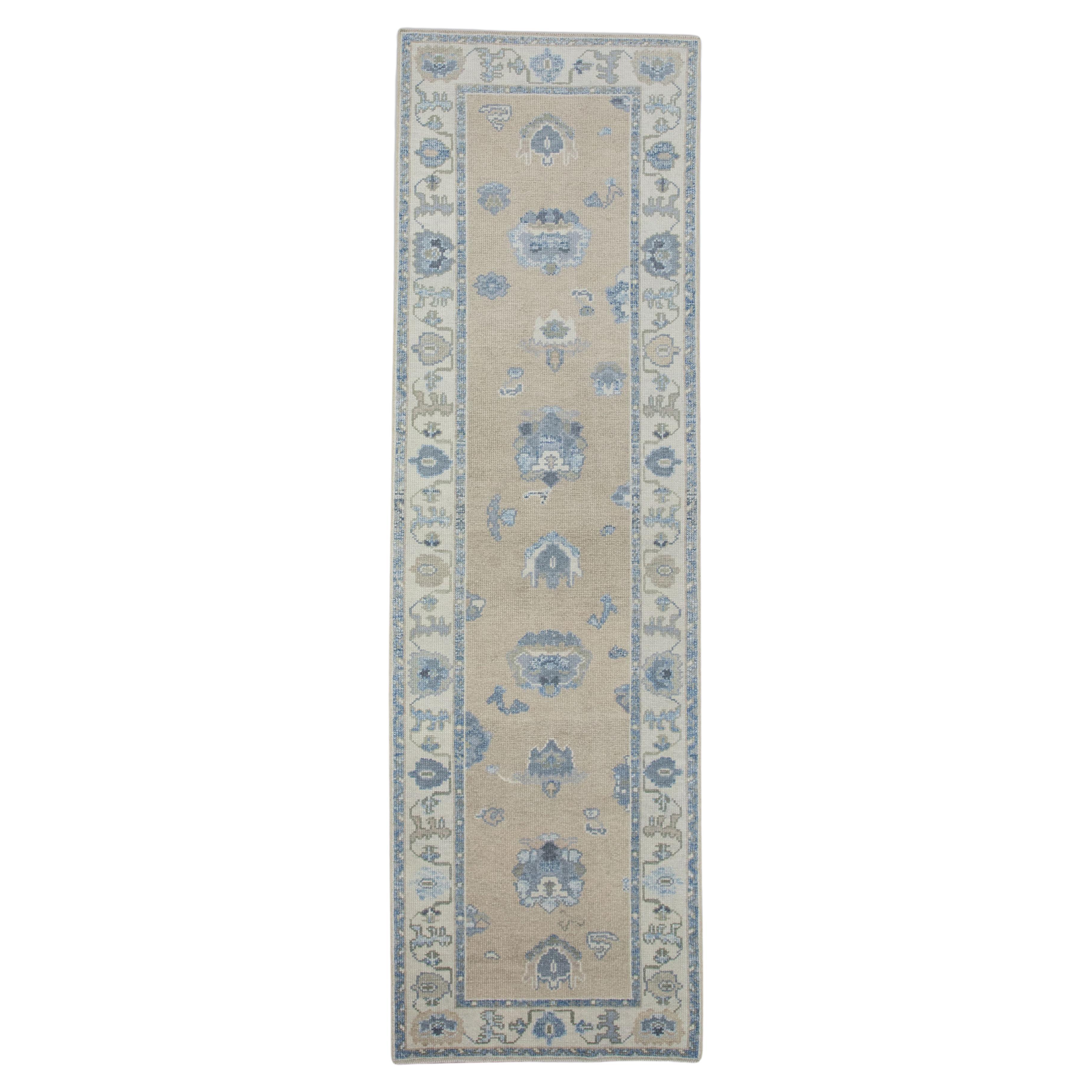 Tappeto Oushak Runner Turco Giallo e Blu Tessuto a mano in lana 2'10" x 9'7" in vendita
