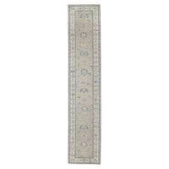 Türkischer Oushak Läufer Weiches Blau & Elfenbein Handgewebter Wollteppich 3'1" x 15'5"