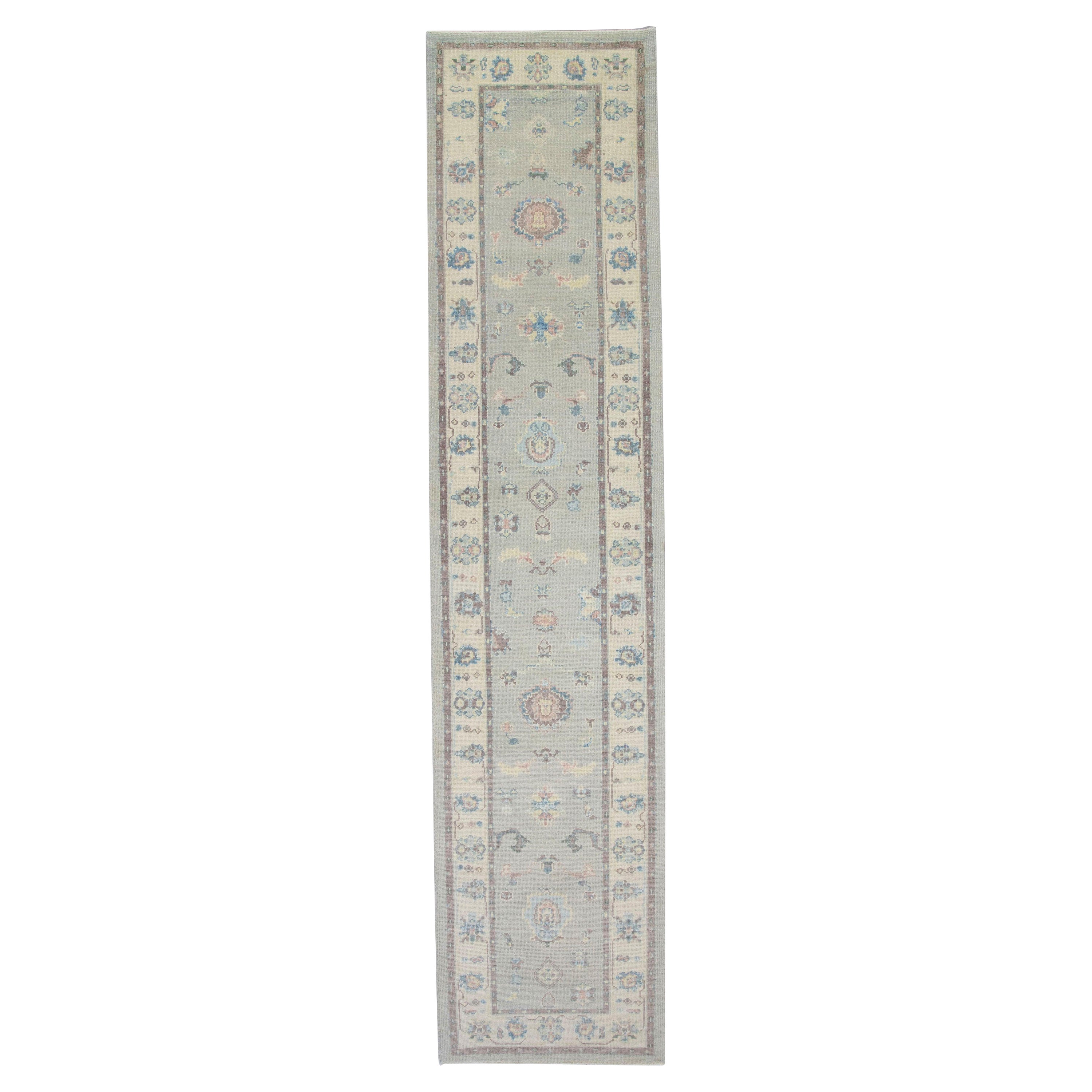 Turkish Oushak Runner Soft Gray & Dusty Blue Handwoven Wool Rug 3'1" x 13'9" For Sale